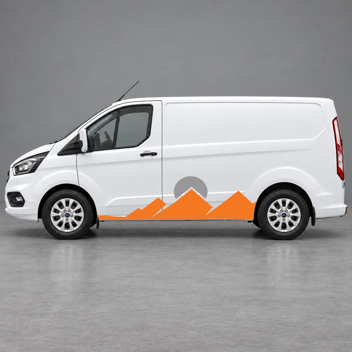 Ford Transit Custom Minimal Mountain Peak Side Graphics in Orange & Grey