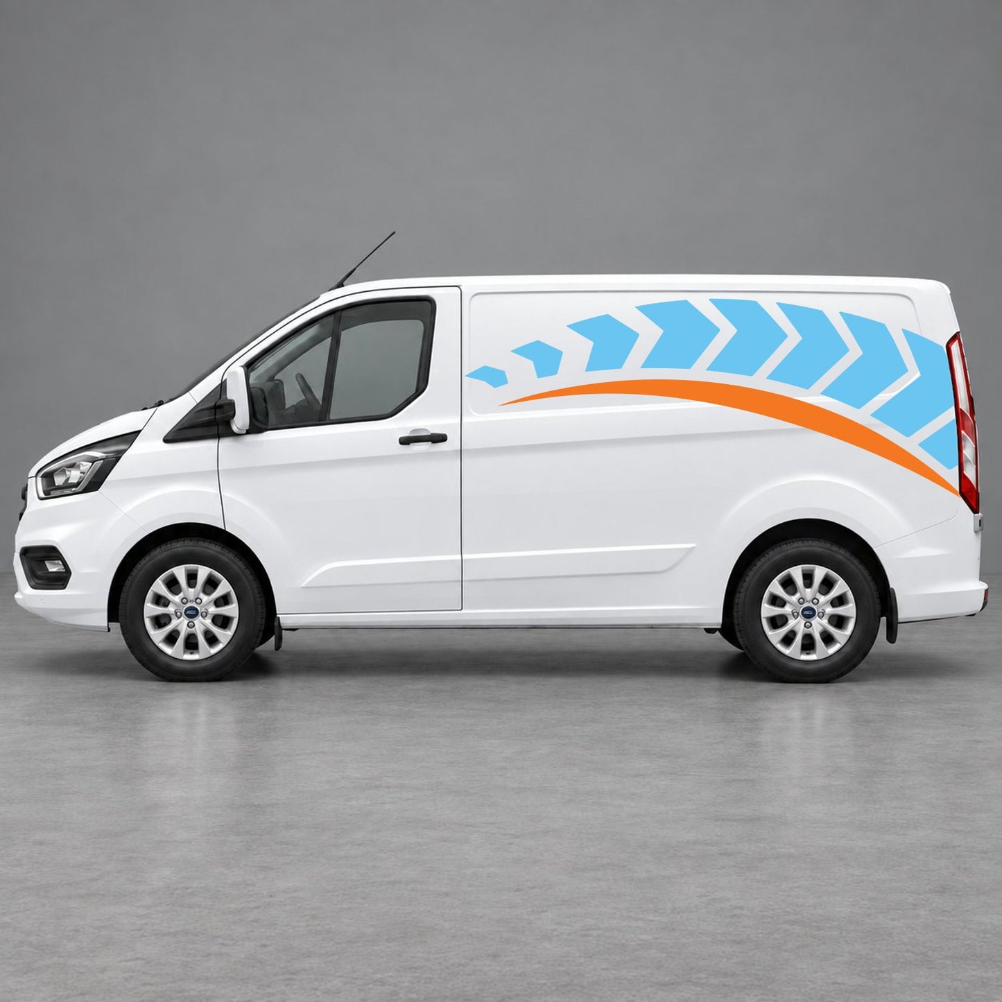 Ford Transit Custom Chevron Track Side Graphics in Light Blue & Orange