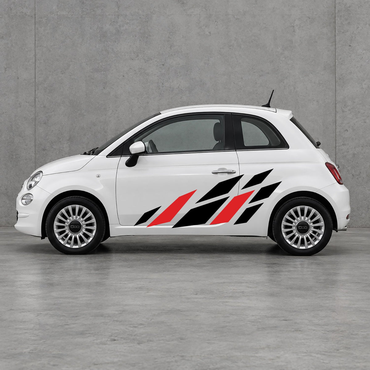 Fiat 500 Racing Flag Side Graphics Kit - Pair Supplied in Black & Red