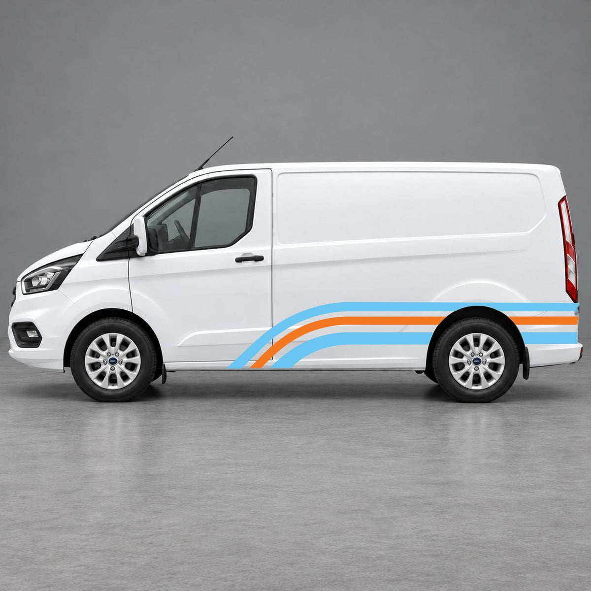 Ford Transit Custom Retro Triple-Arch Side Stripes in Light Blue & Orange