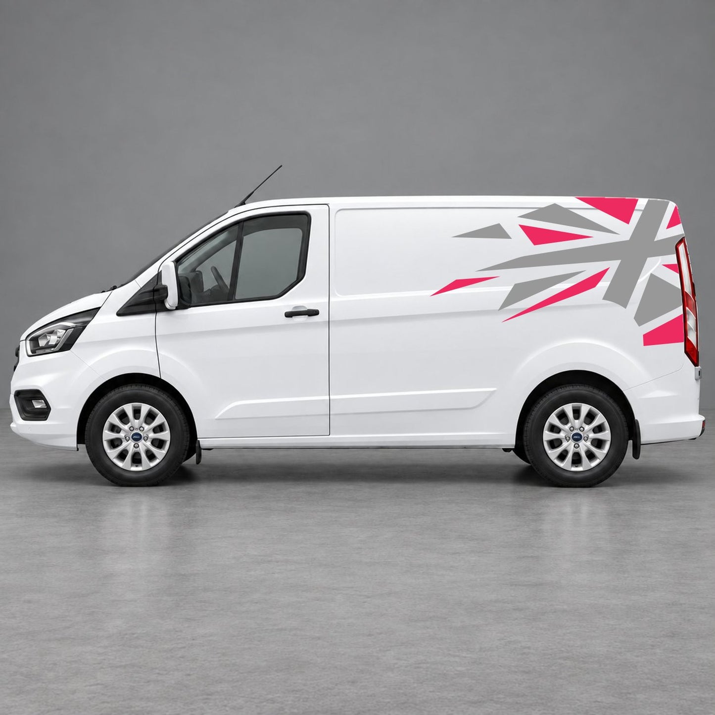 Ford Transit Custom Shattered Union Jack Side Graphics in Pink & Grey