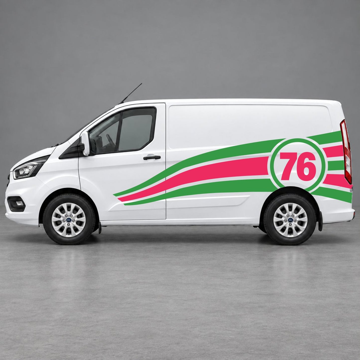 Ford Transit Custom Personalised Number 76 Racing Side Graphics in Green & Pink
