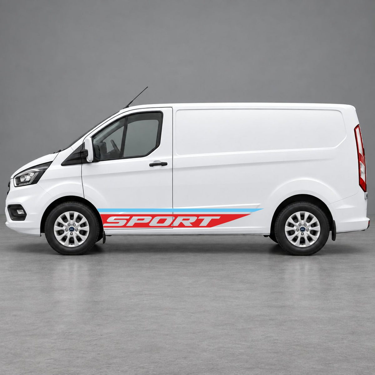 Ford Transit Custom Sport Swoosh Lower Side Stripes in Light Blue & Red