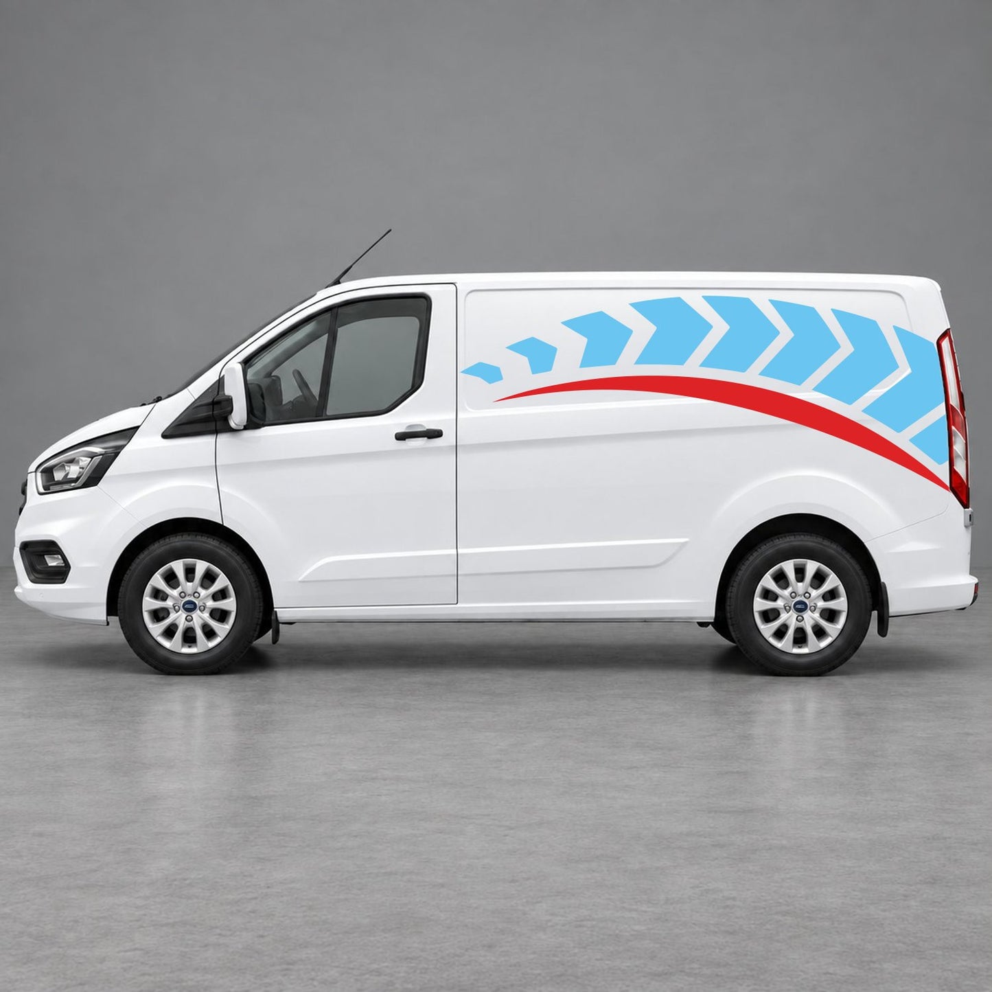 Ford Transit Custom Chevron Track Side Graphics in Light Blue & Red