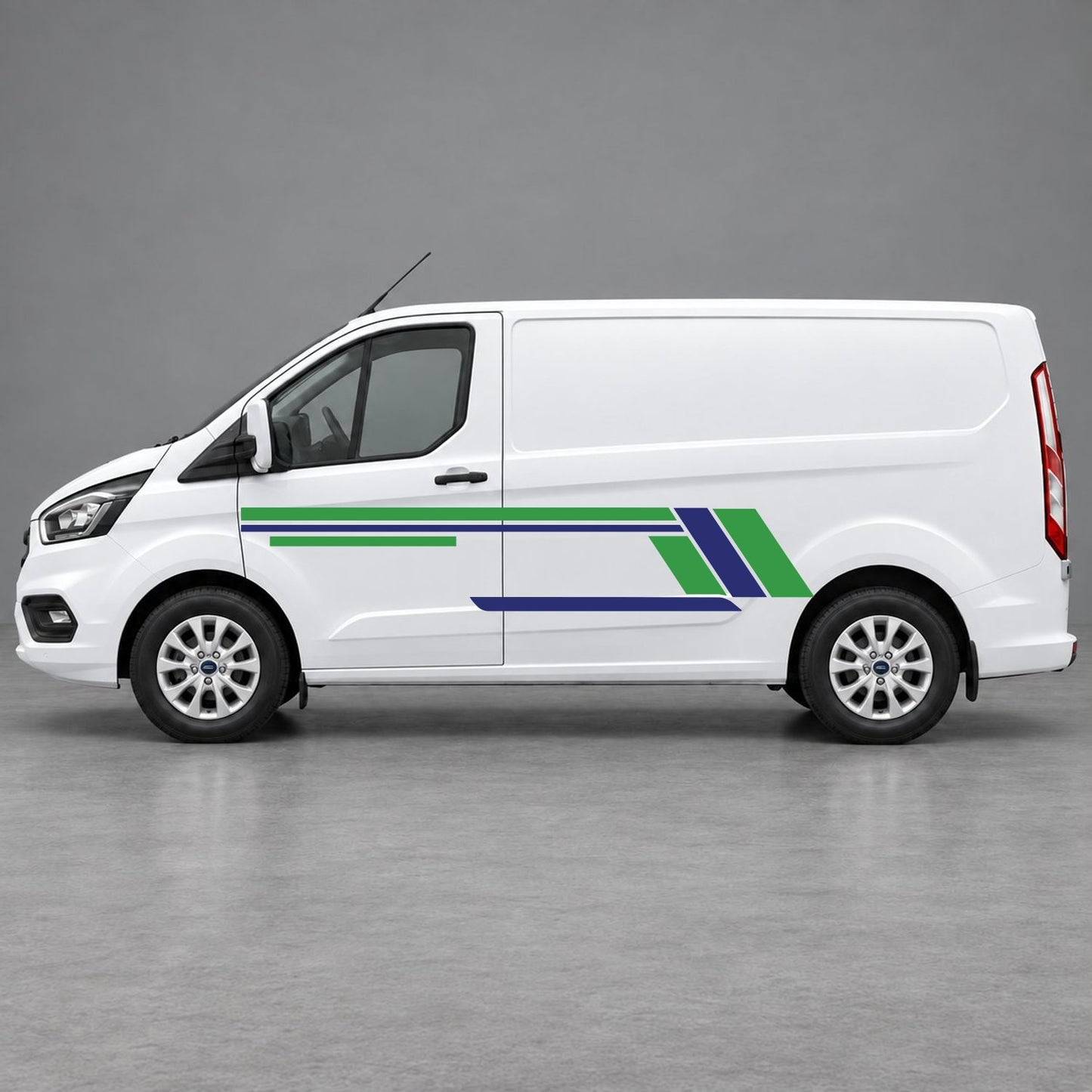 Ford Transit Custom Geometric Outline Side Stripes in Green & Navy Blue
