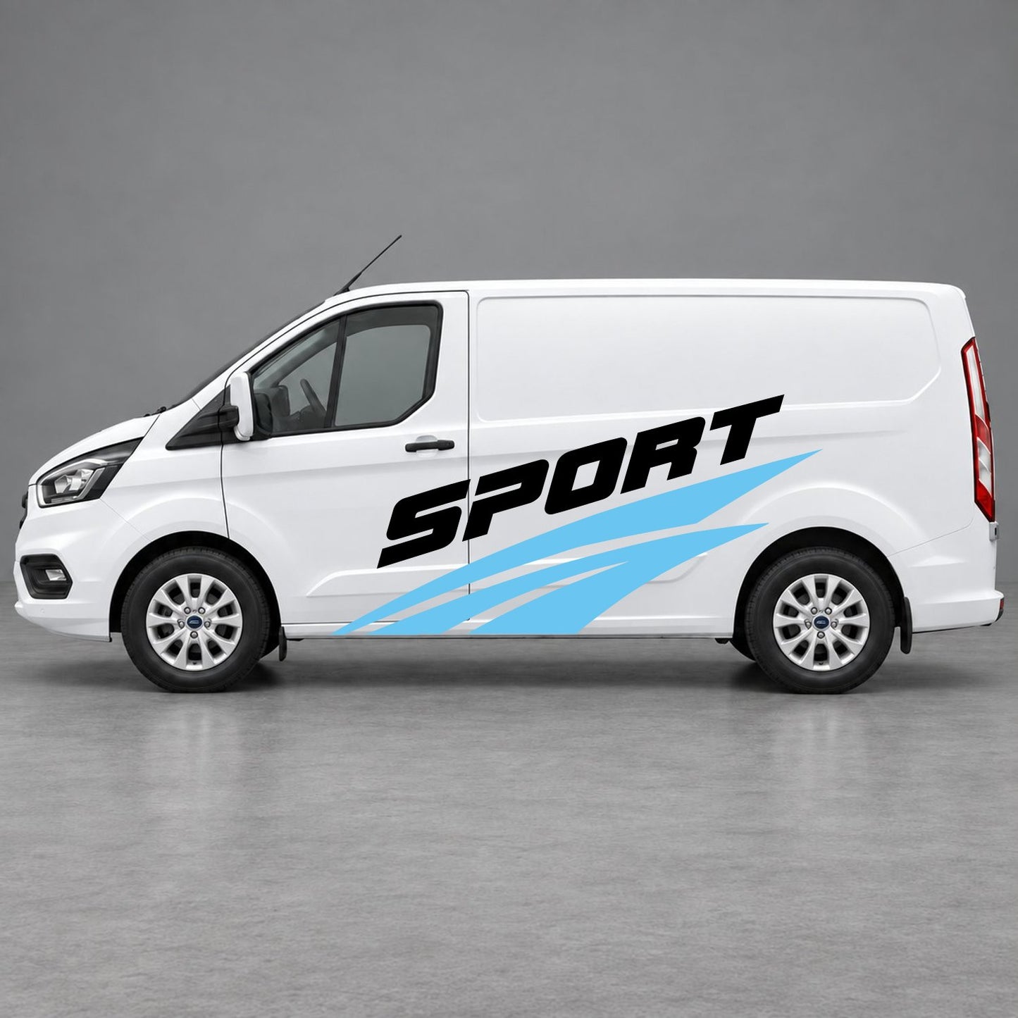 Ford Transit Custom Sport Twin Stripe Side Graphics in Light Blue & Black