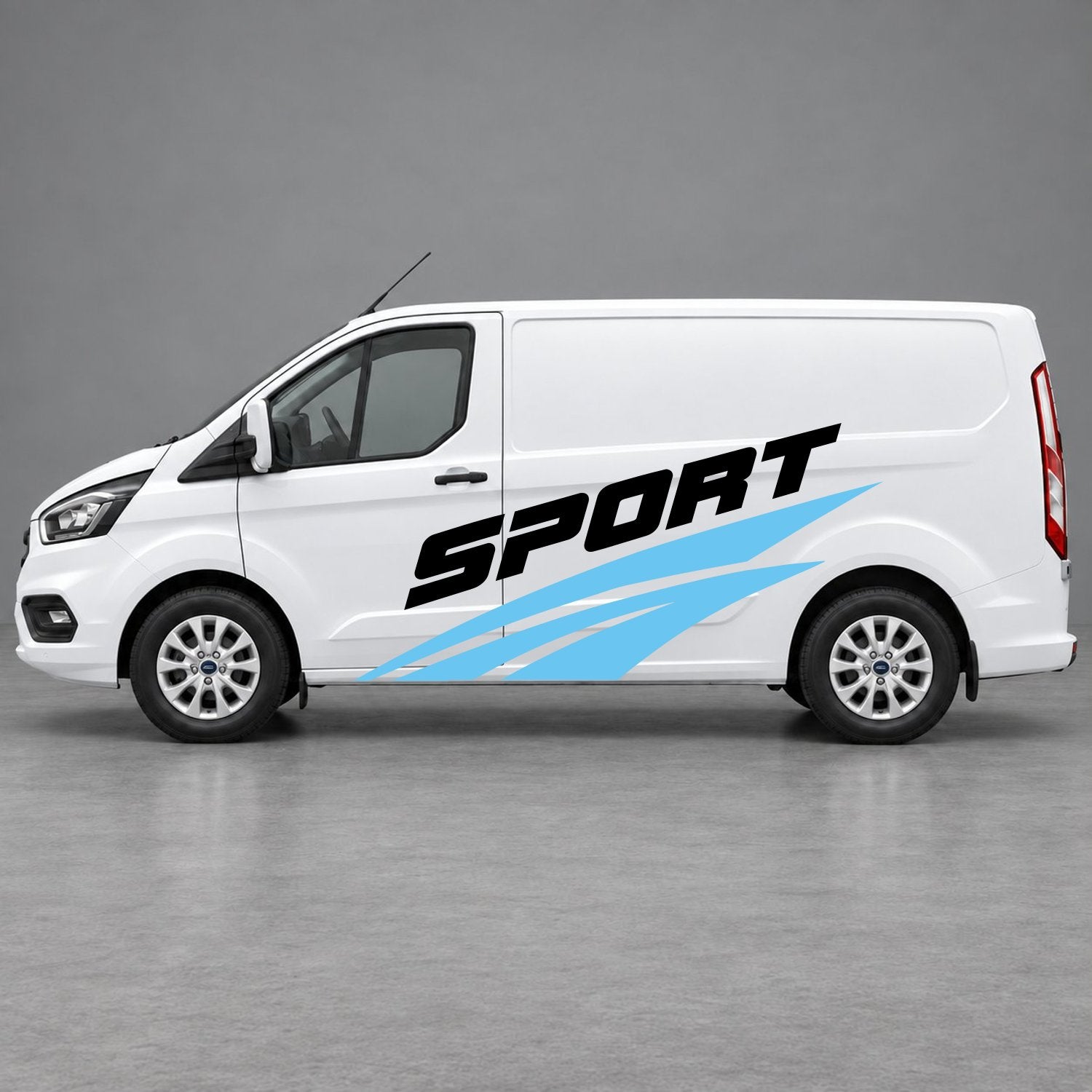 Ford Transit Custom Sport Twin Stripe Side Graphics in Light Blue & Black