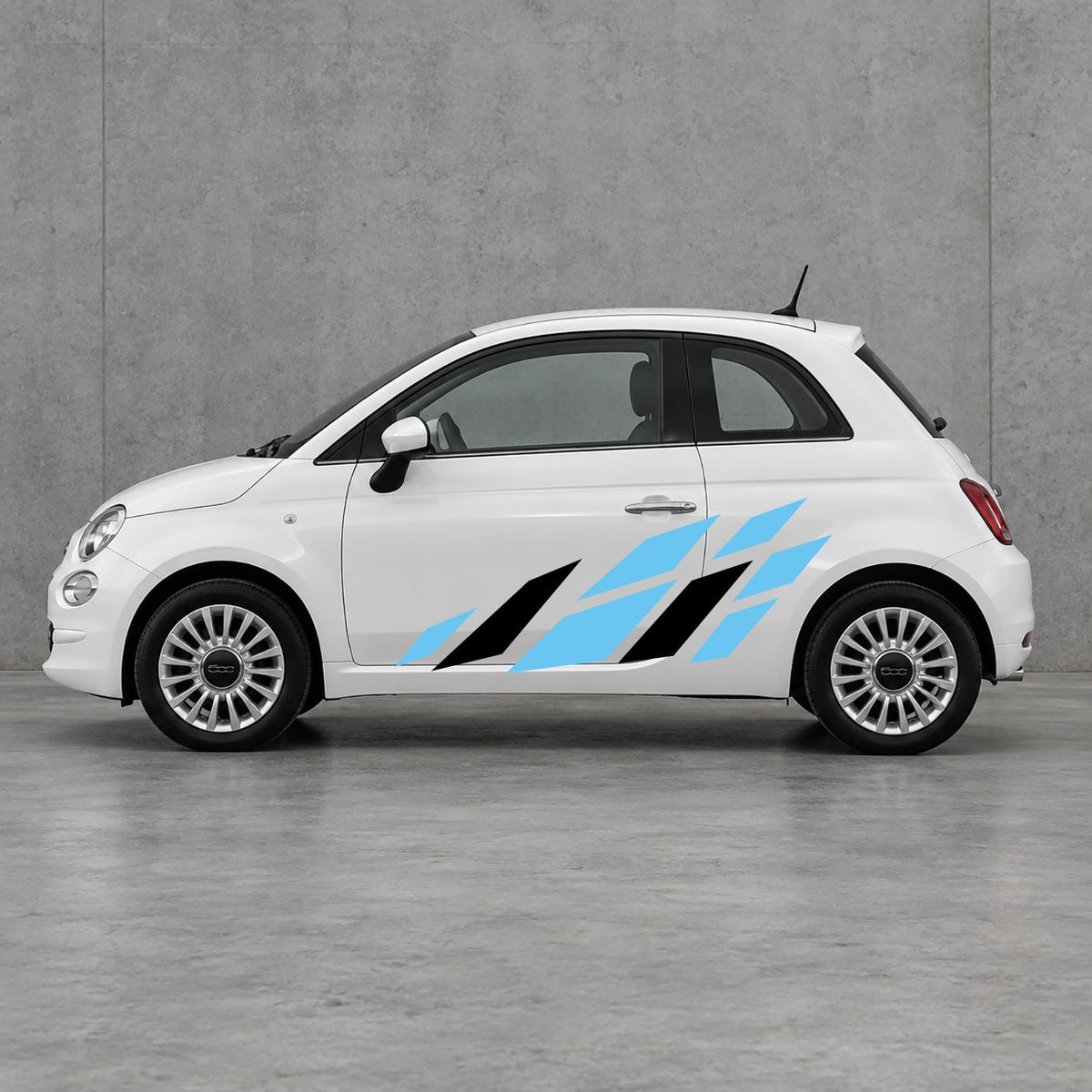 Fiat 500 Racing Flag Side Graphics Kit - Pair Supplied in Light Blue & Black