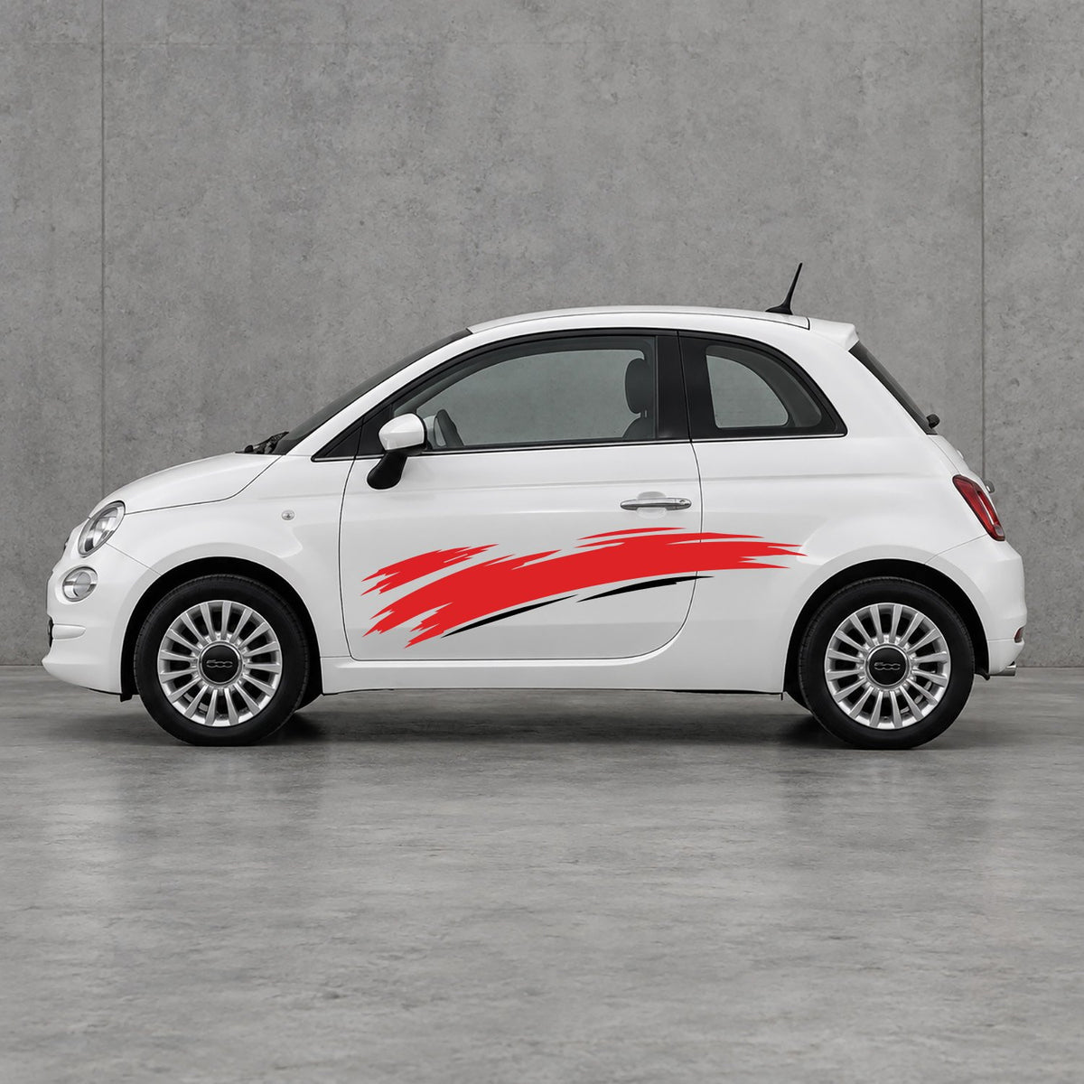 Fiat 500 Italian Red Brush Side Graphics Kit - Pair Supplied in Black & Red