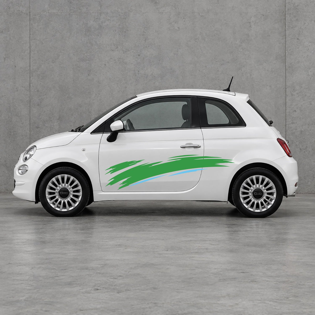 Fiat 500 Italian Green Brush Side Graphics Kit - Pair Supplied in Green & Light Blue