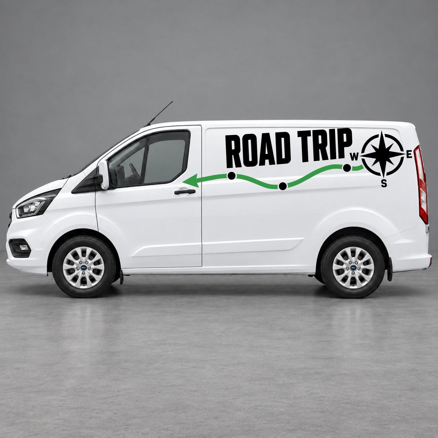 Ford Transit Custom Road Trip Route & Compass Side Graphics in Black & Green