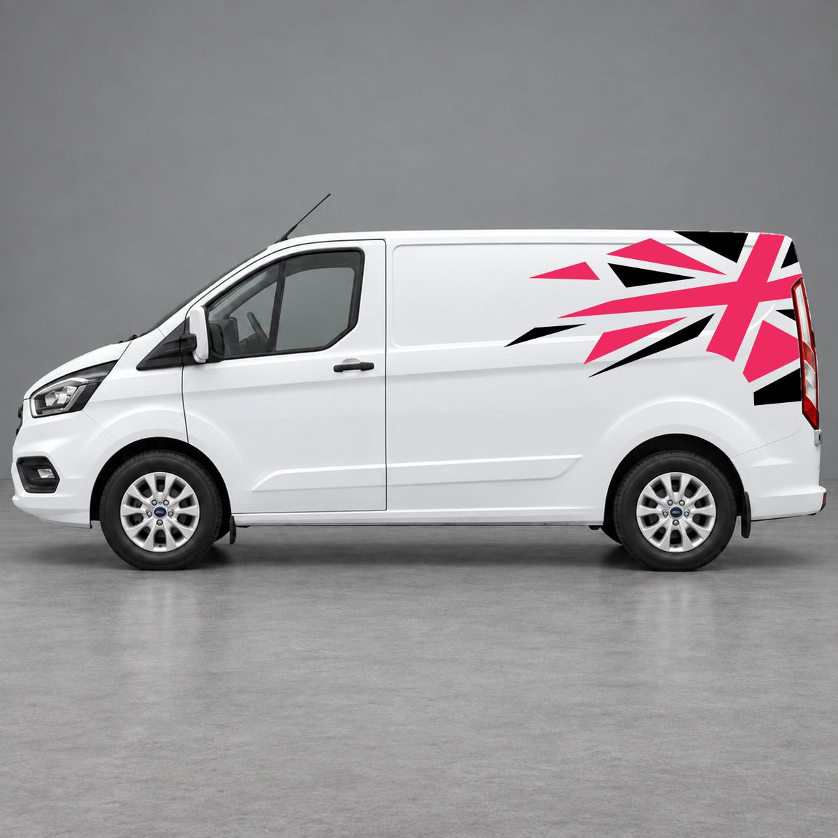 Ford Transit Custom Shattered Union Jack Side Graphics in Black & Pink