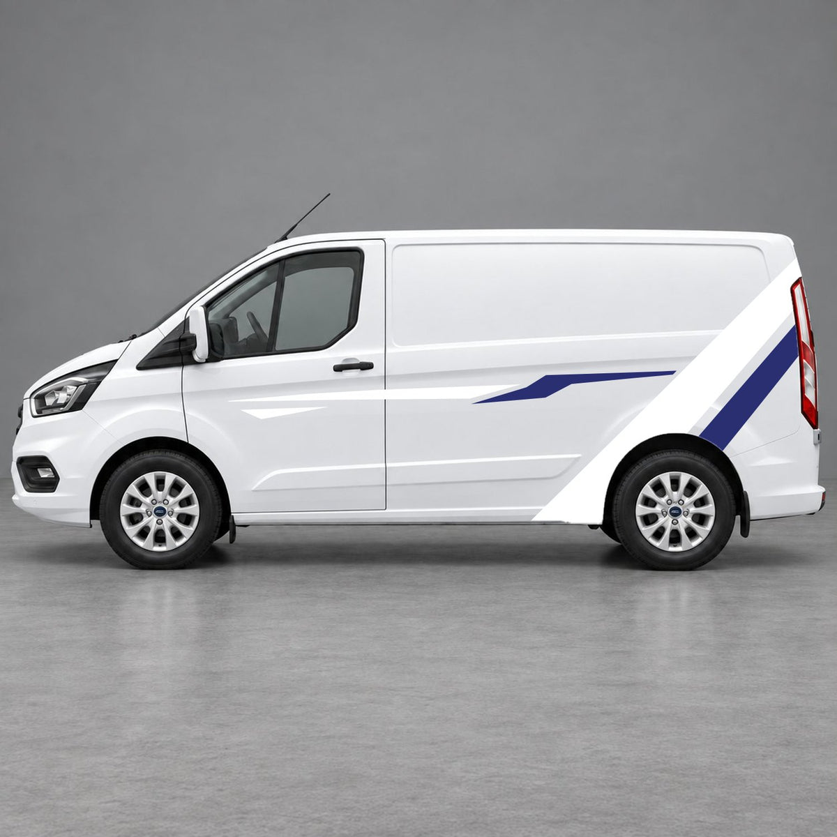 Ford Transit Custom Bold Rear Diagonal Side Stripes in White & Navy Blue