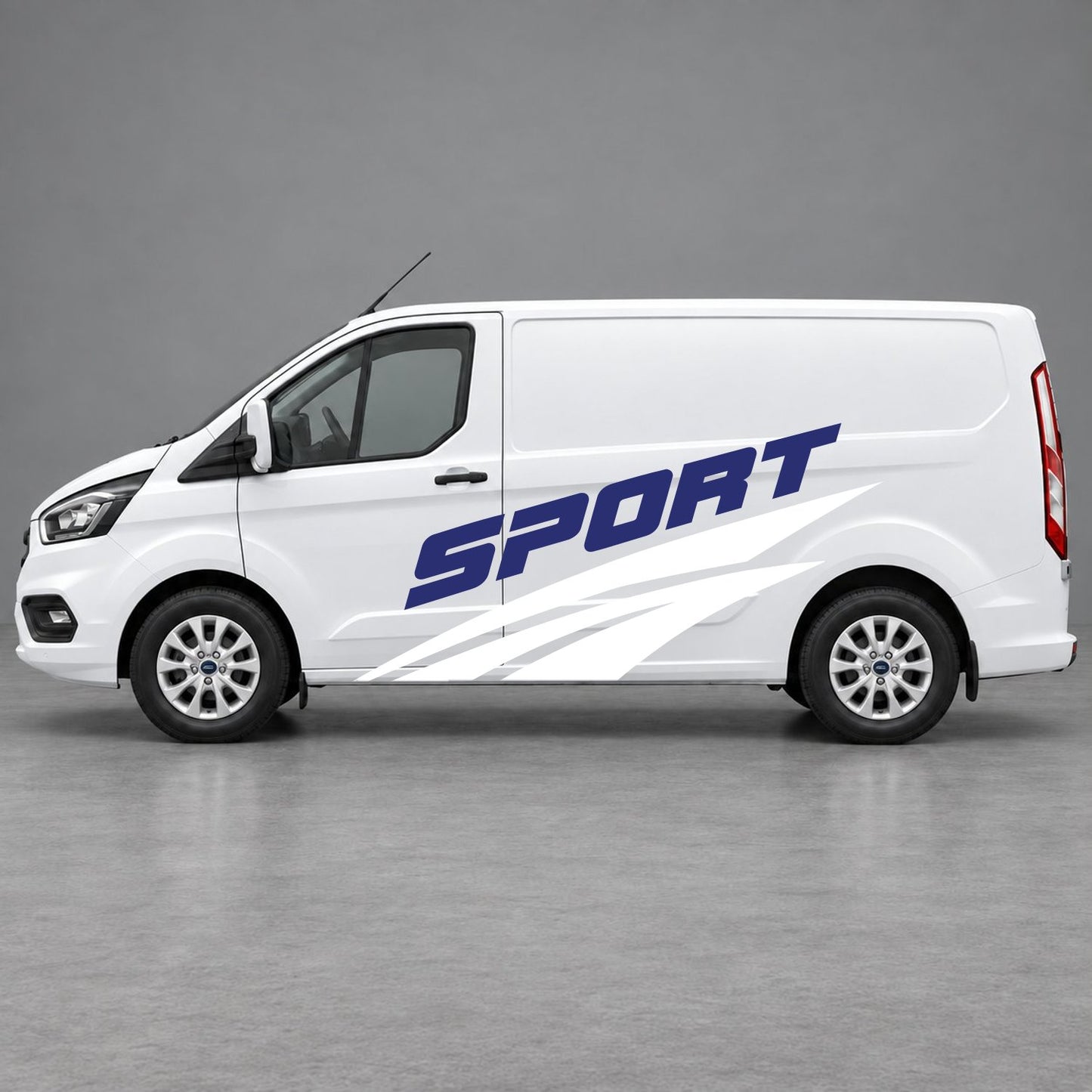 Ford Transit Custom Sport Twin Stripe Side Graphics in White & Navy Blue