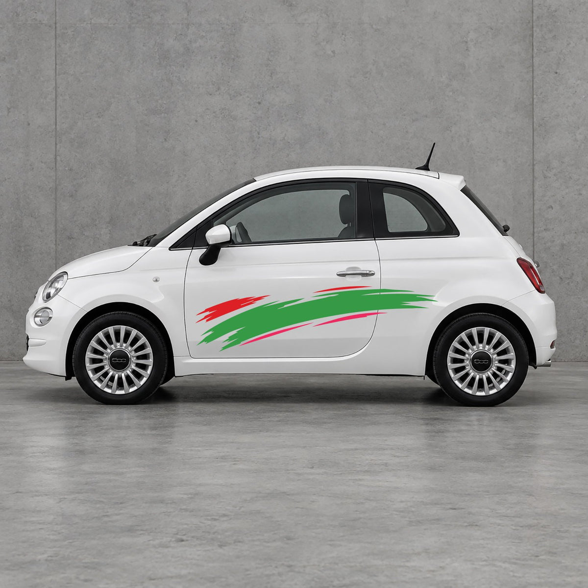 Fiat 500 Italian Red Brush Side Graphics Kit - Pair Supplied in Pink & Green