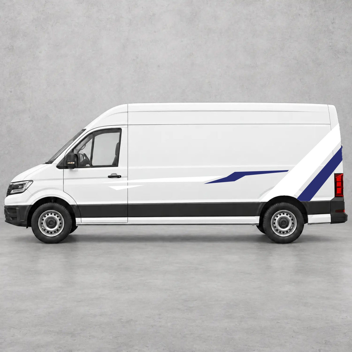 VW Crafter Bold Rear Diagonal Side Stripes in White & Navy Blue