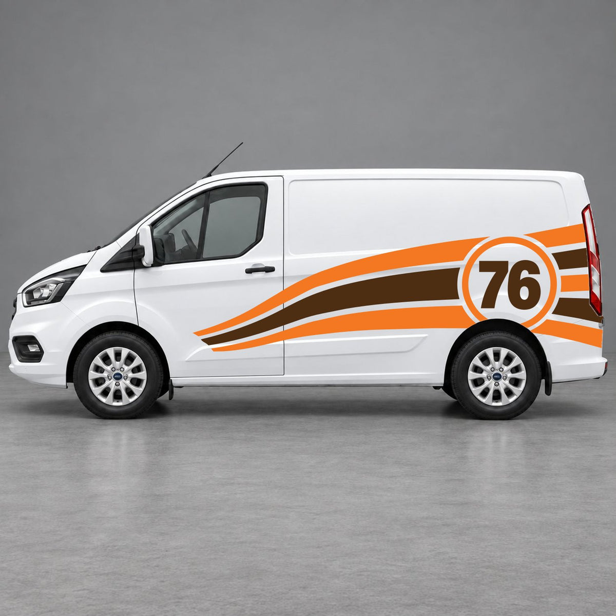Ford Transit Custom Personalised Number 76 Racing Side Graphics in Orange & Brown