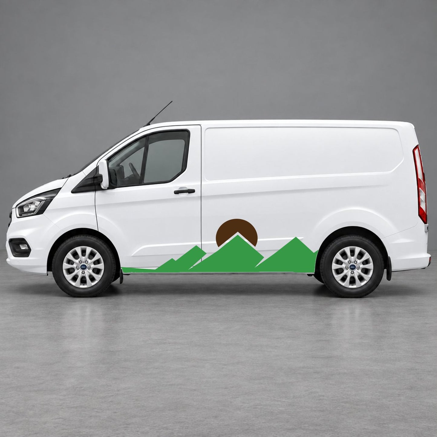 Ford Transit Custom Minimal Mountain Peak Side Graphics in Green & Brown
