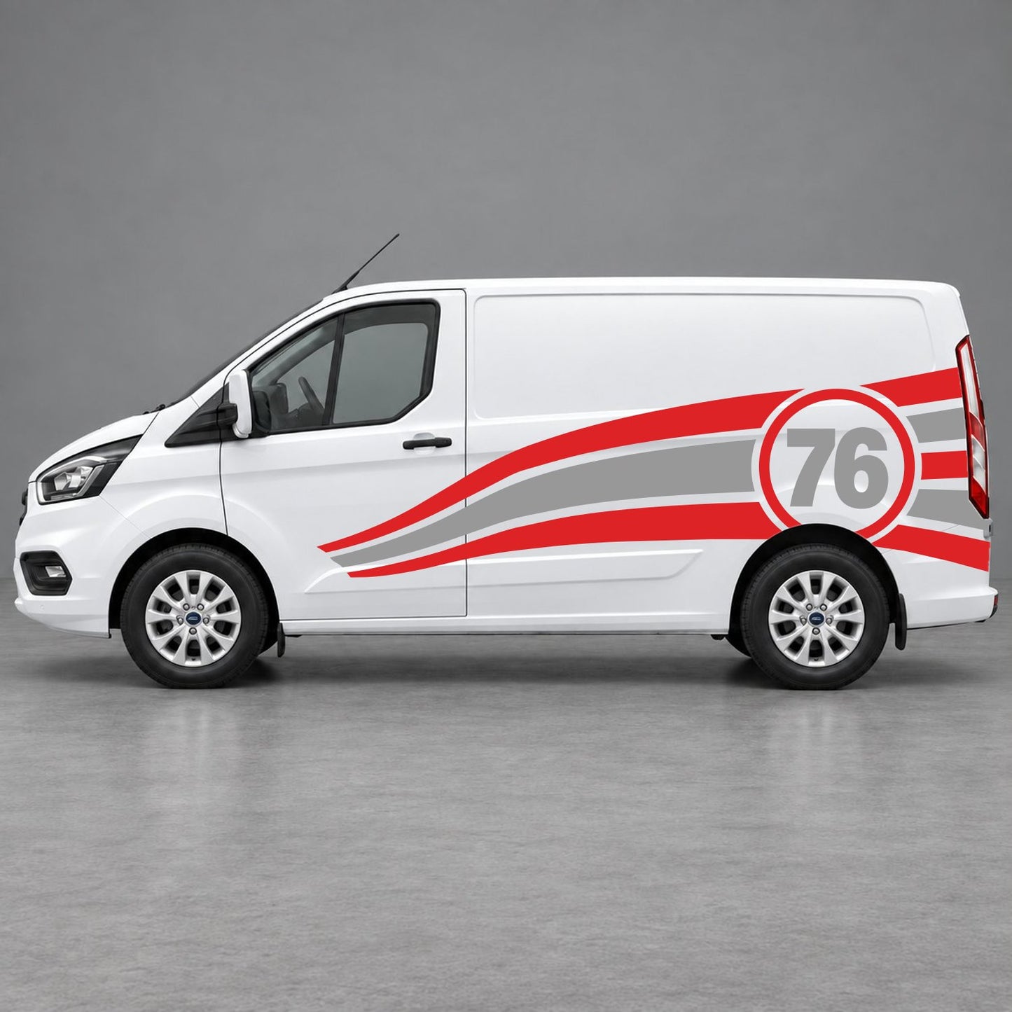 Ford Transit Custom Personalised Number 76 Racing Side Graphics in Red & Grey