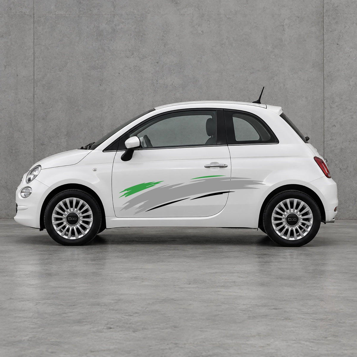 Fiat 500 Italian Green Brush Side Graphics Kit - Pair Supplied in Grey & Black