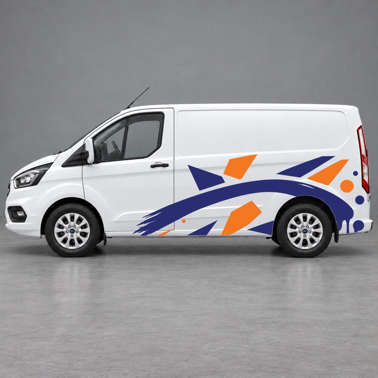 Ford Transit Custom Abstract Geometric Splash Side Graphics in Orange & Navy Blue