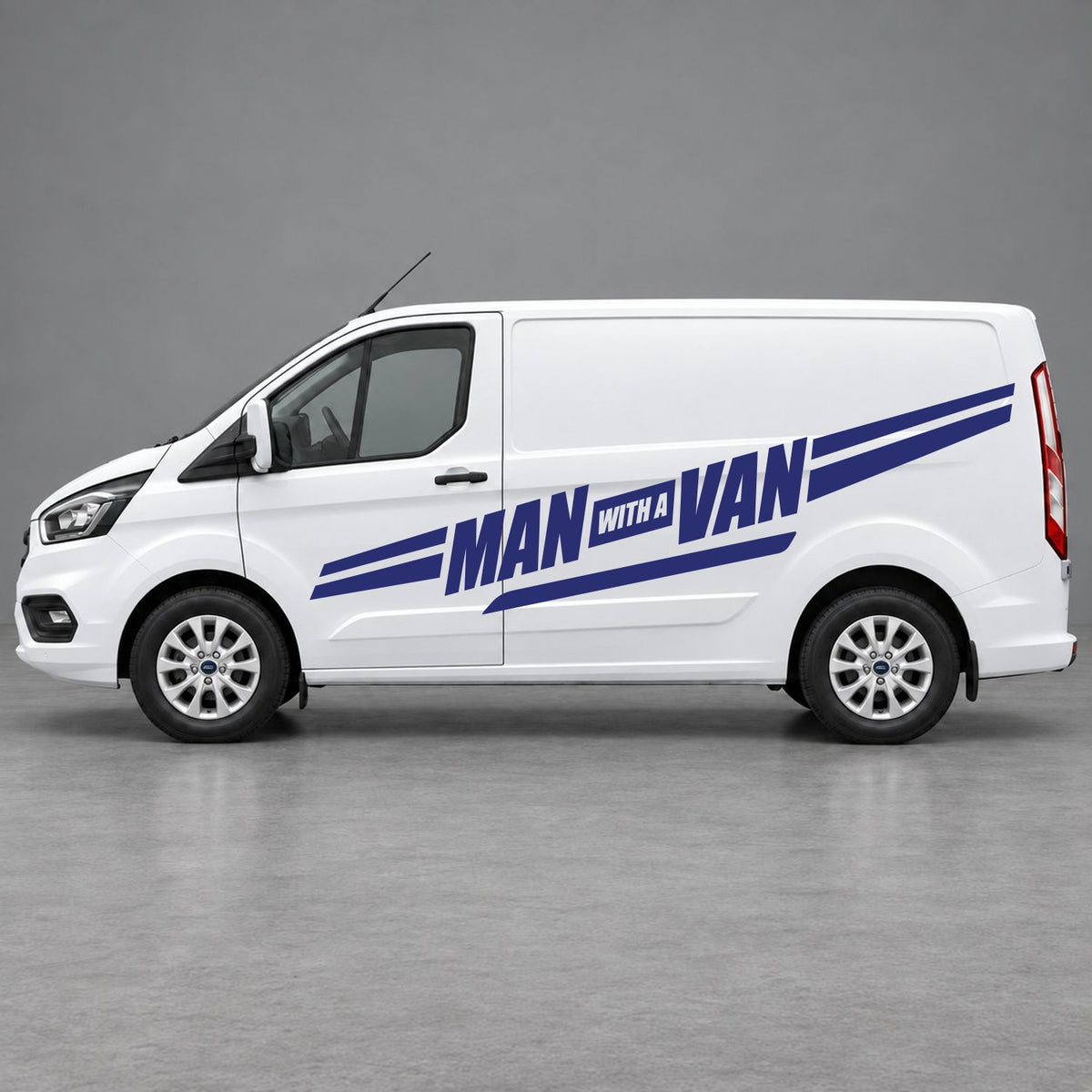 Ford Transit Custom Man with a Van Side Stripes in Navy Blue & Navy Blue
