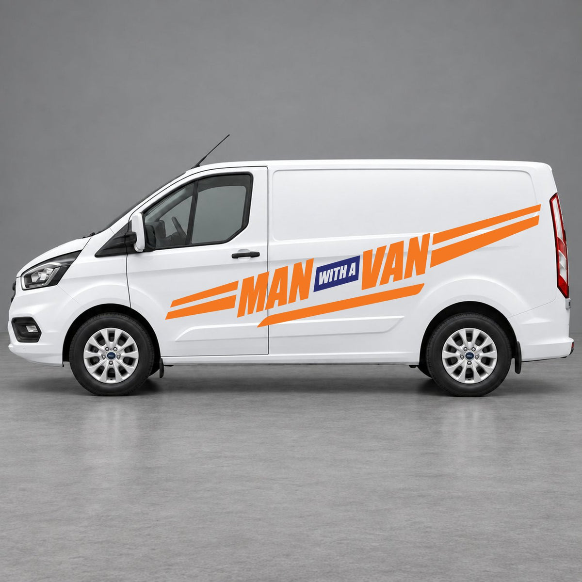 Ford Transit Custom Man with a Van Side Stripes in Orange & Navy Blue