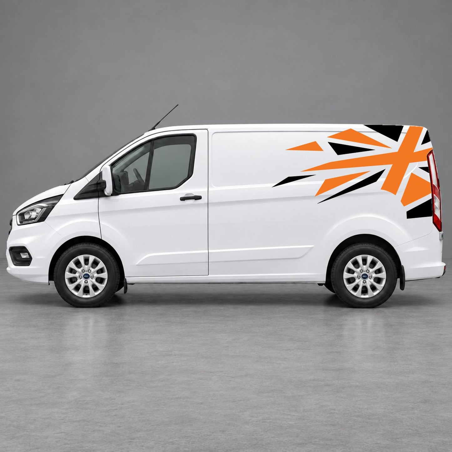 Ford Transit Custom Shattered Union Jack Side Graphics in Black & Orange