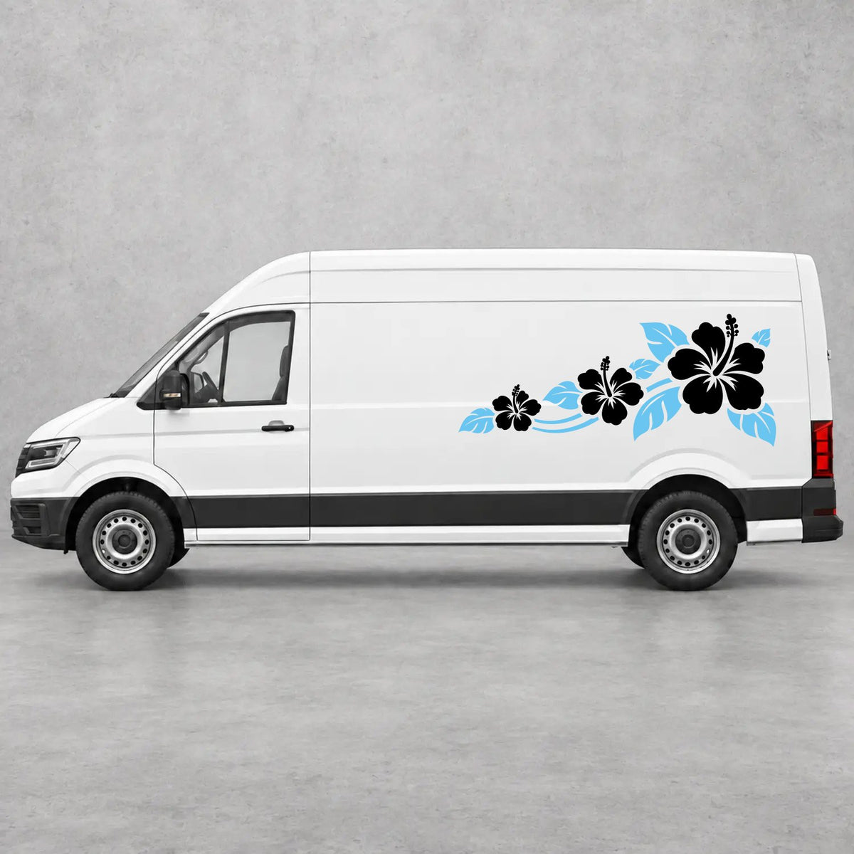 VW Crafter Hibiscus Flower Trail Side Graphics in Light Blue & Black