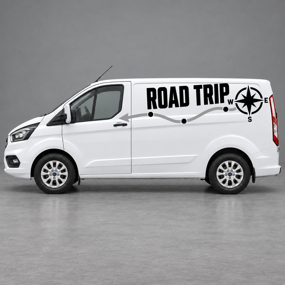 Ford Transit Custom Road Trip Route & Compass Side Graphics in Black & Grey