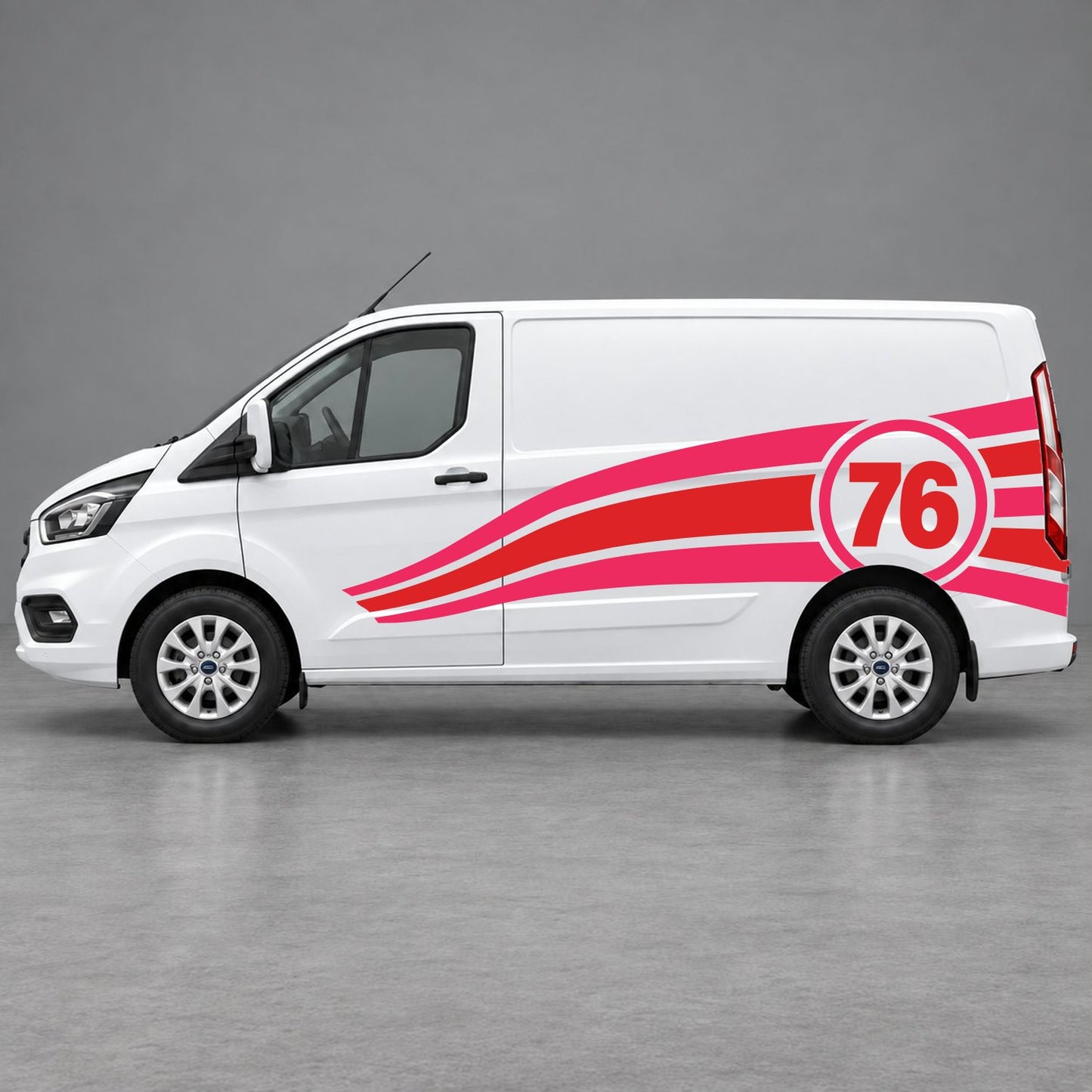 Ford Transit Custom Personalised Number 76 Racing Side Graphics in Pink & Red