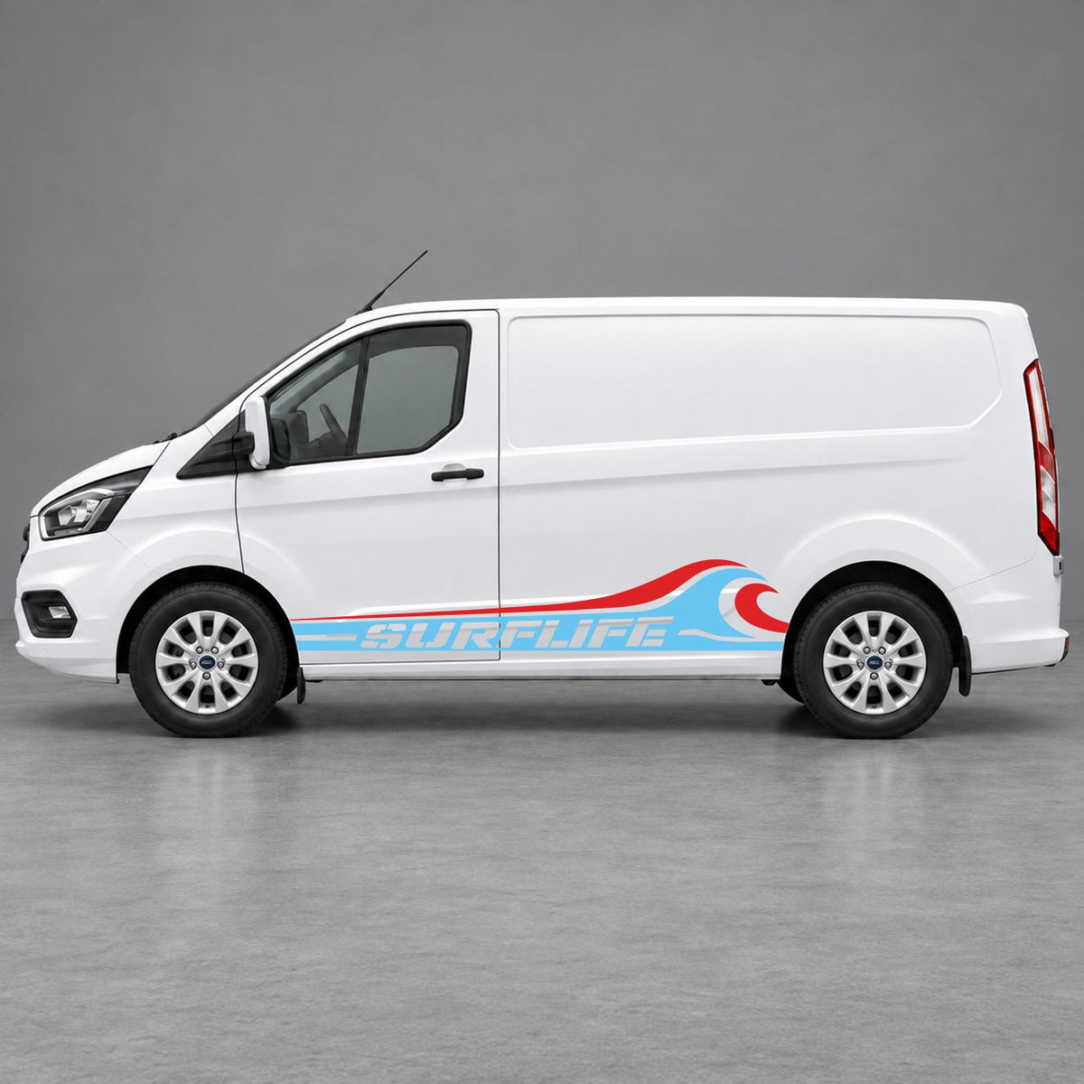 Ford Transit Custom Surflife Wave Side Stripes in Light Blue & Red