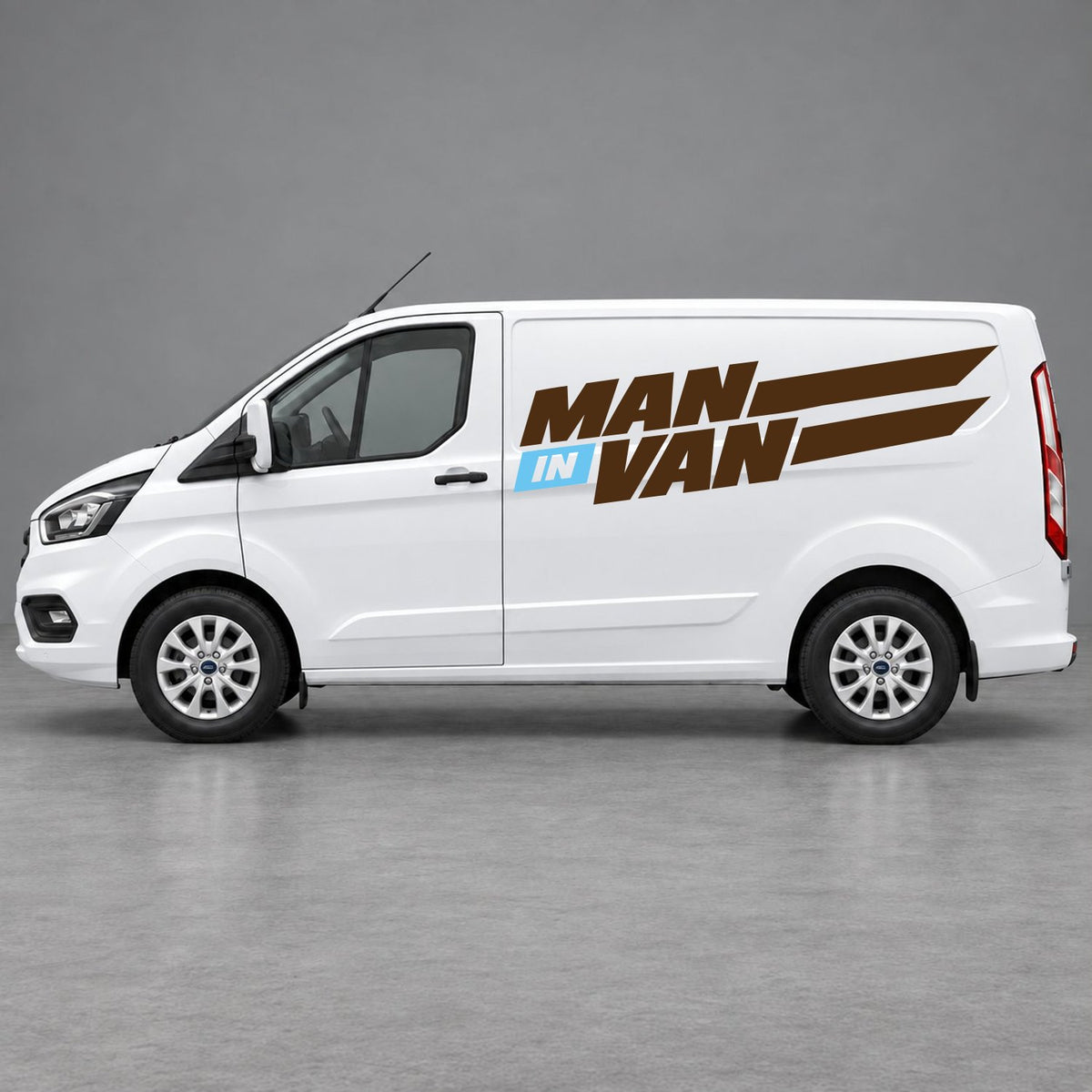 Ford Transit Custom Man in Van Side Stripes in Brown & Light Blue