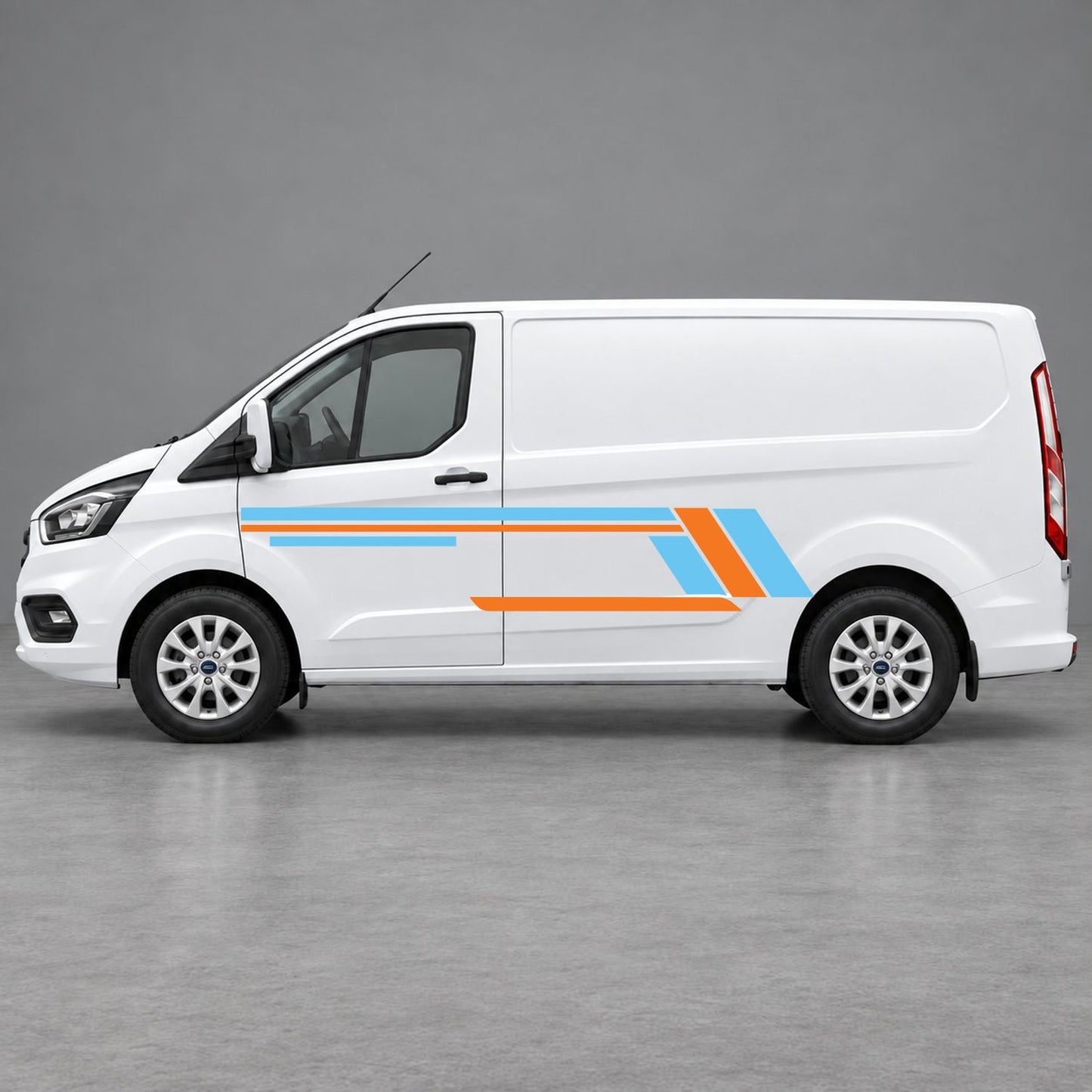 Ford Transit Custom Geometric Outline Side Stripes in Light Blue & Orange