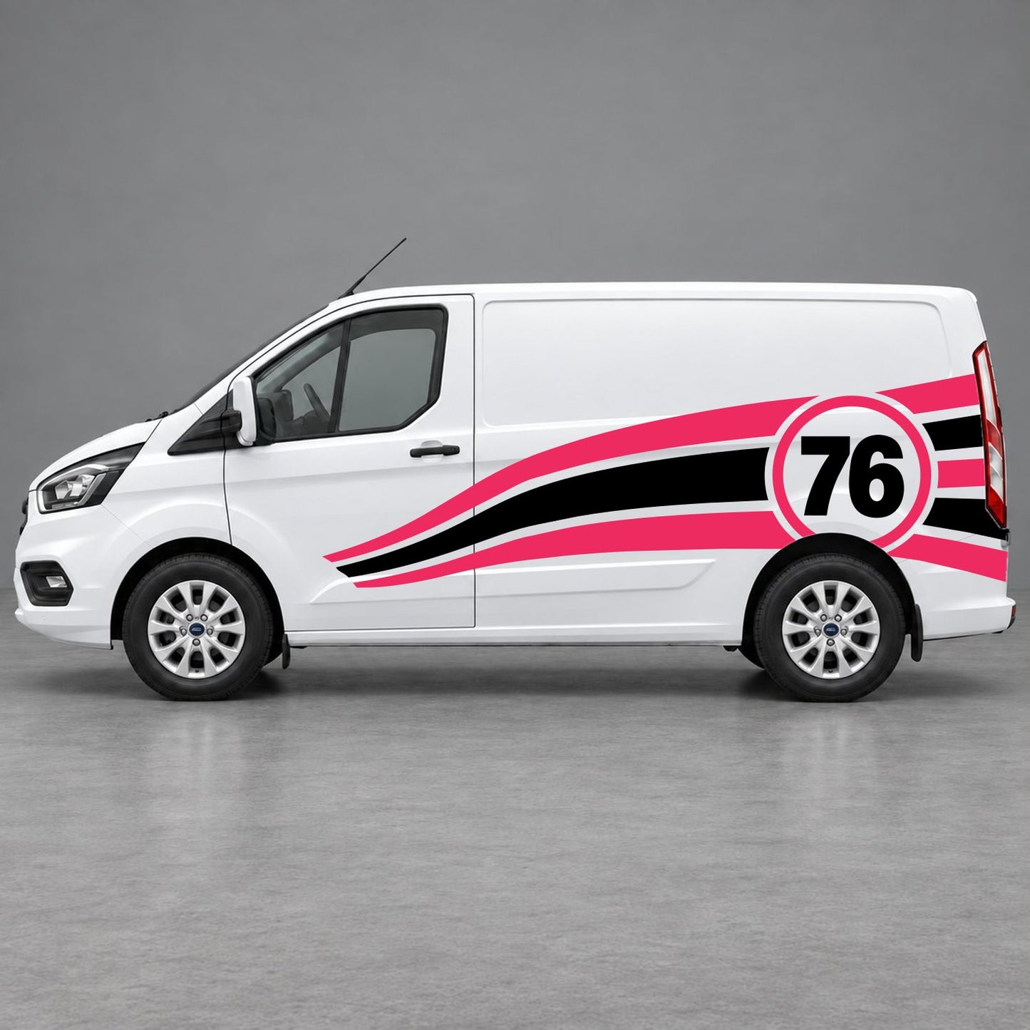 Ford Transit Custom Personalised Number 76 Racing Side Graphics in Pink & Black