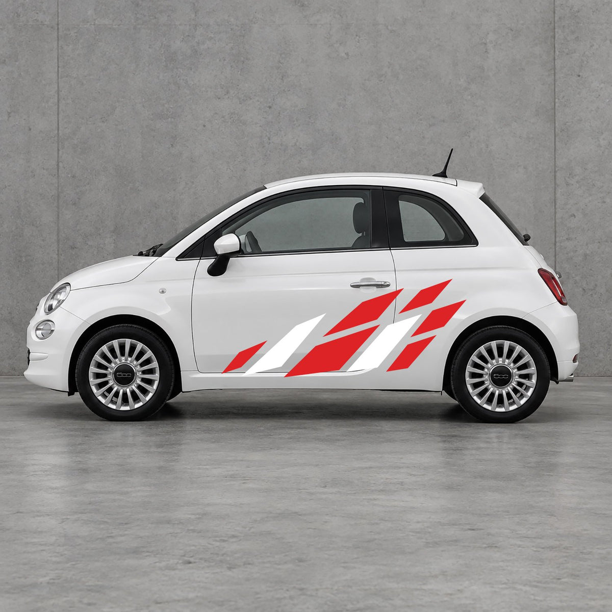 Fiat 500 Racing Flag Side Graphics Kit - Pair Supplied in Red & White