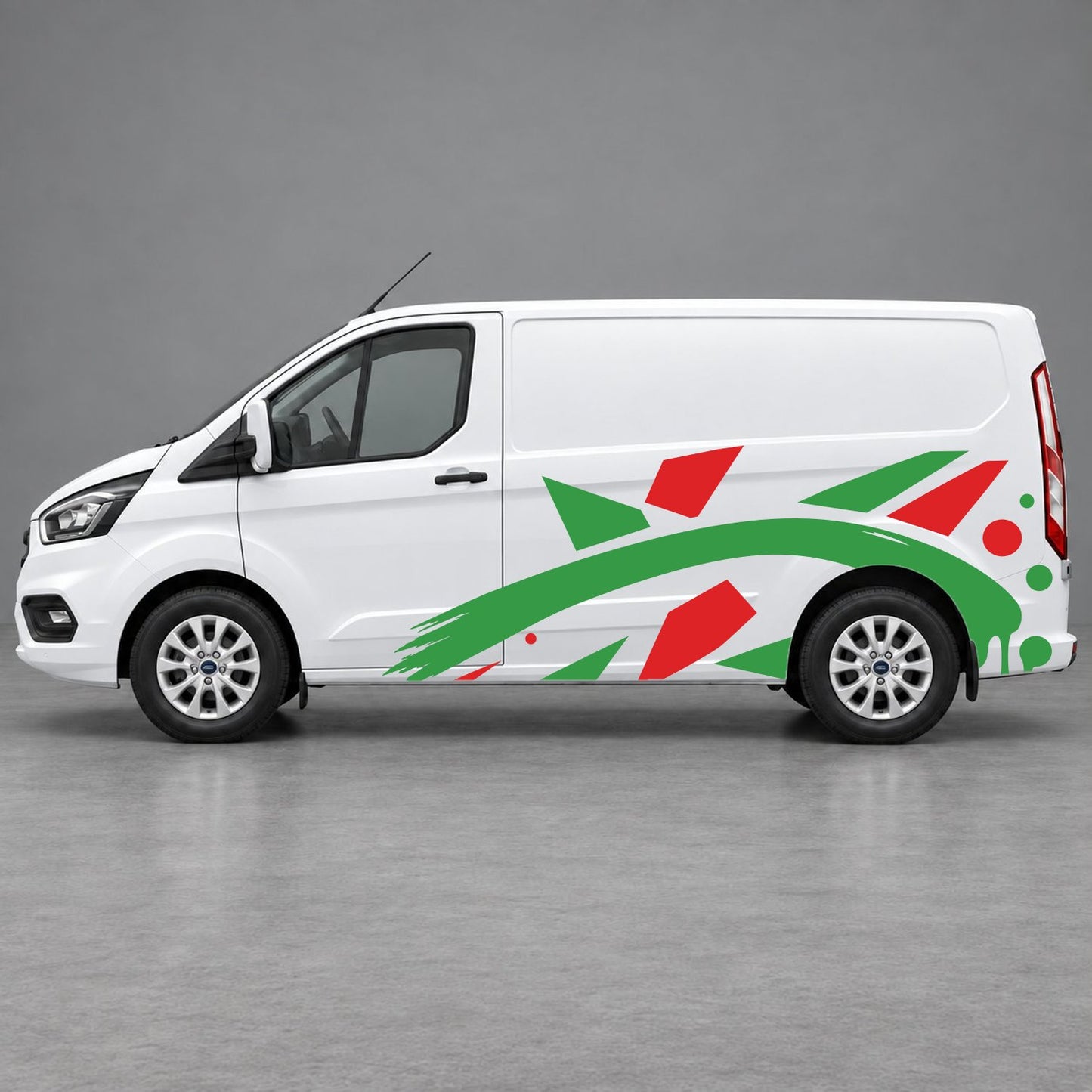 Ford Transit Custom Abstract Geometric Splash Side Graphics in Red & Green