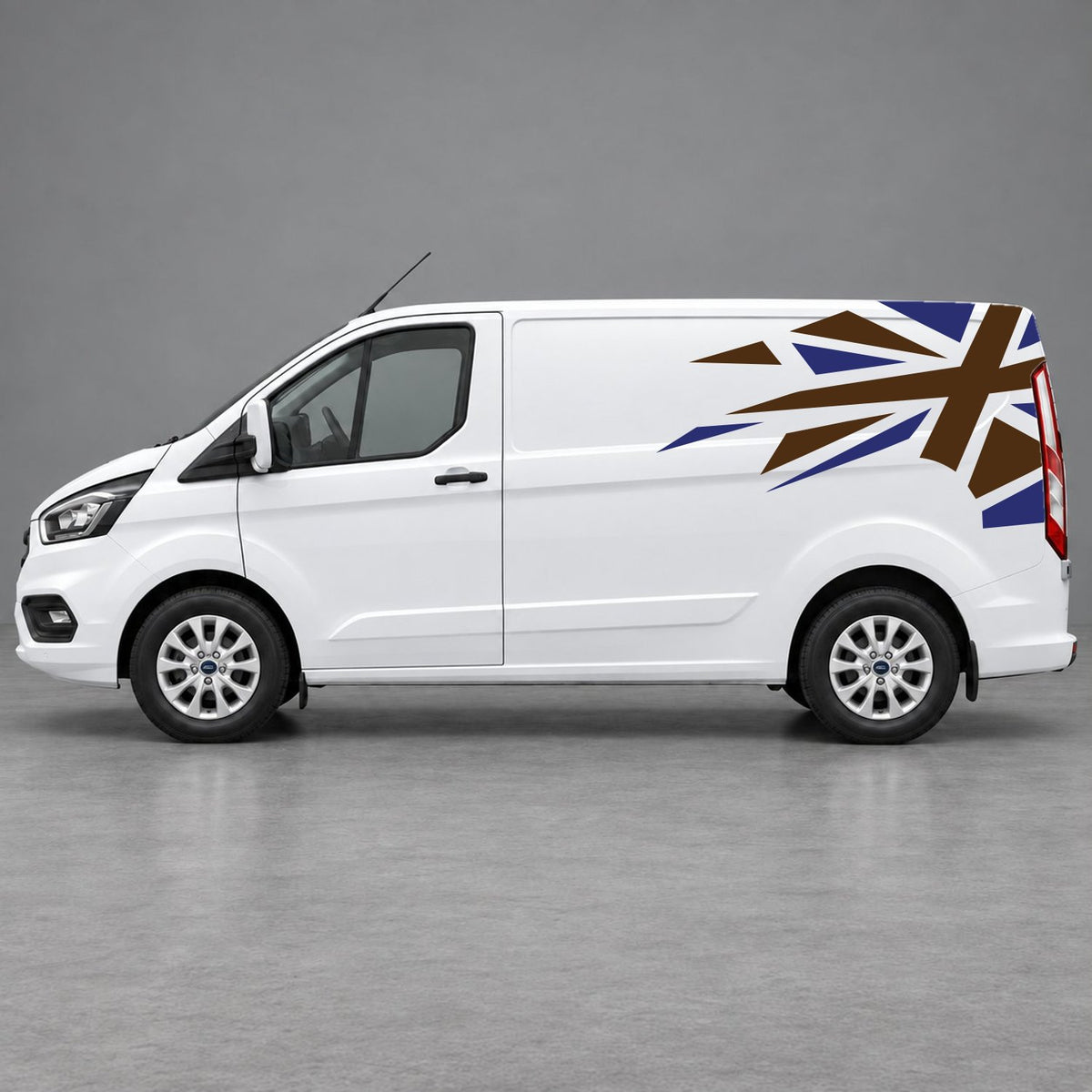 Ford Transit Custom Shattered Union Jack Side Graphics in Navy Blue & Brown