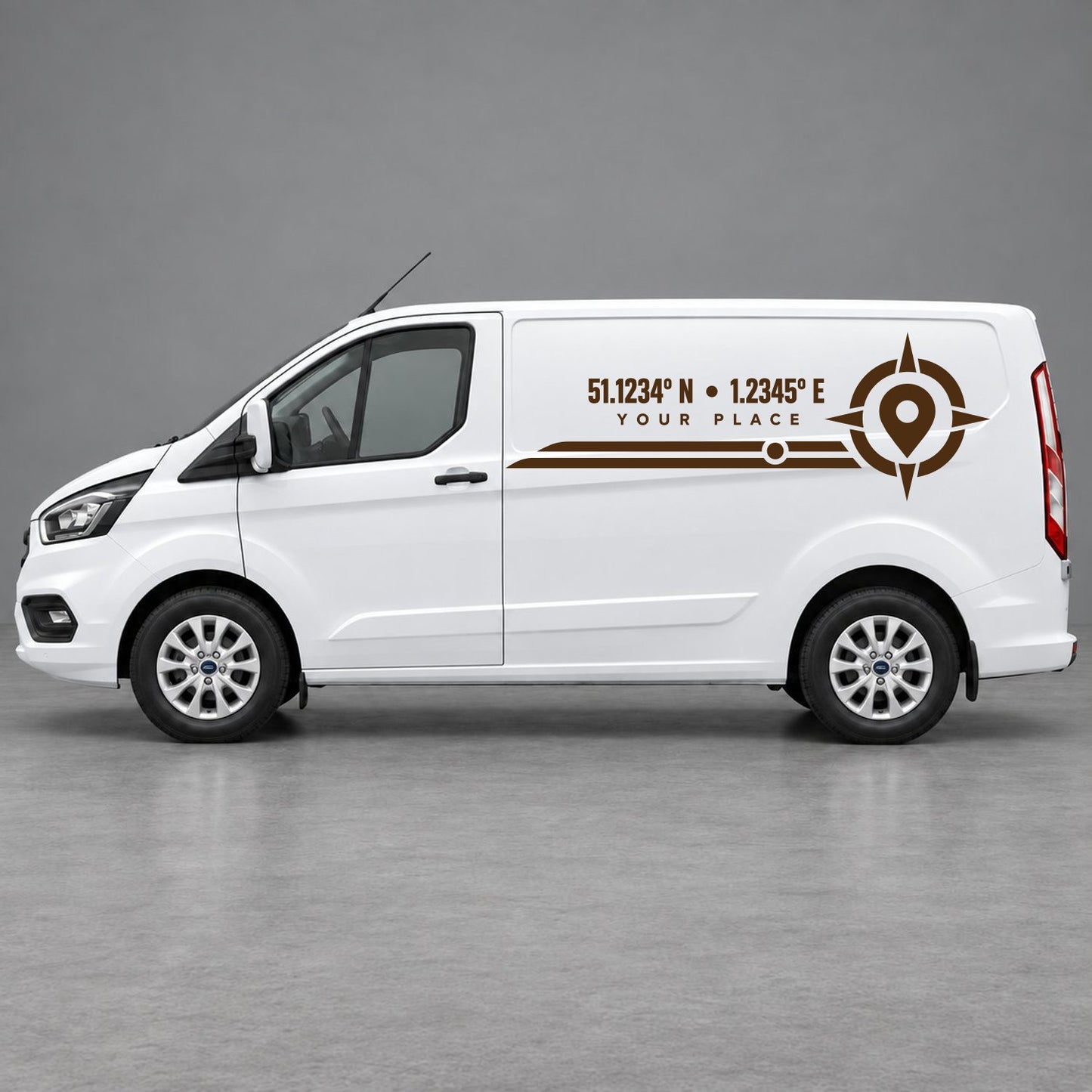Ford Transit Custom Personalised Coordinates & Compass Side Graphics in Brown