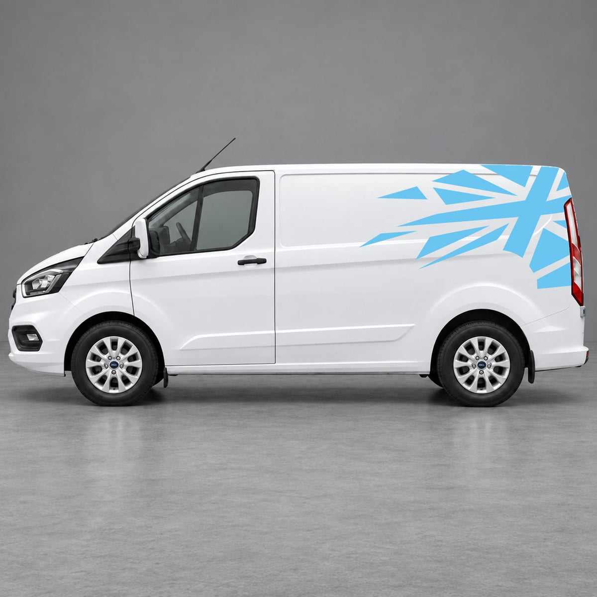 Ford Transit Custom Shattered Union Jack Side Graphics in Light Blue & Light Blue