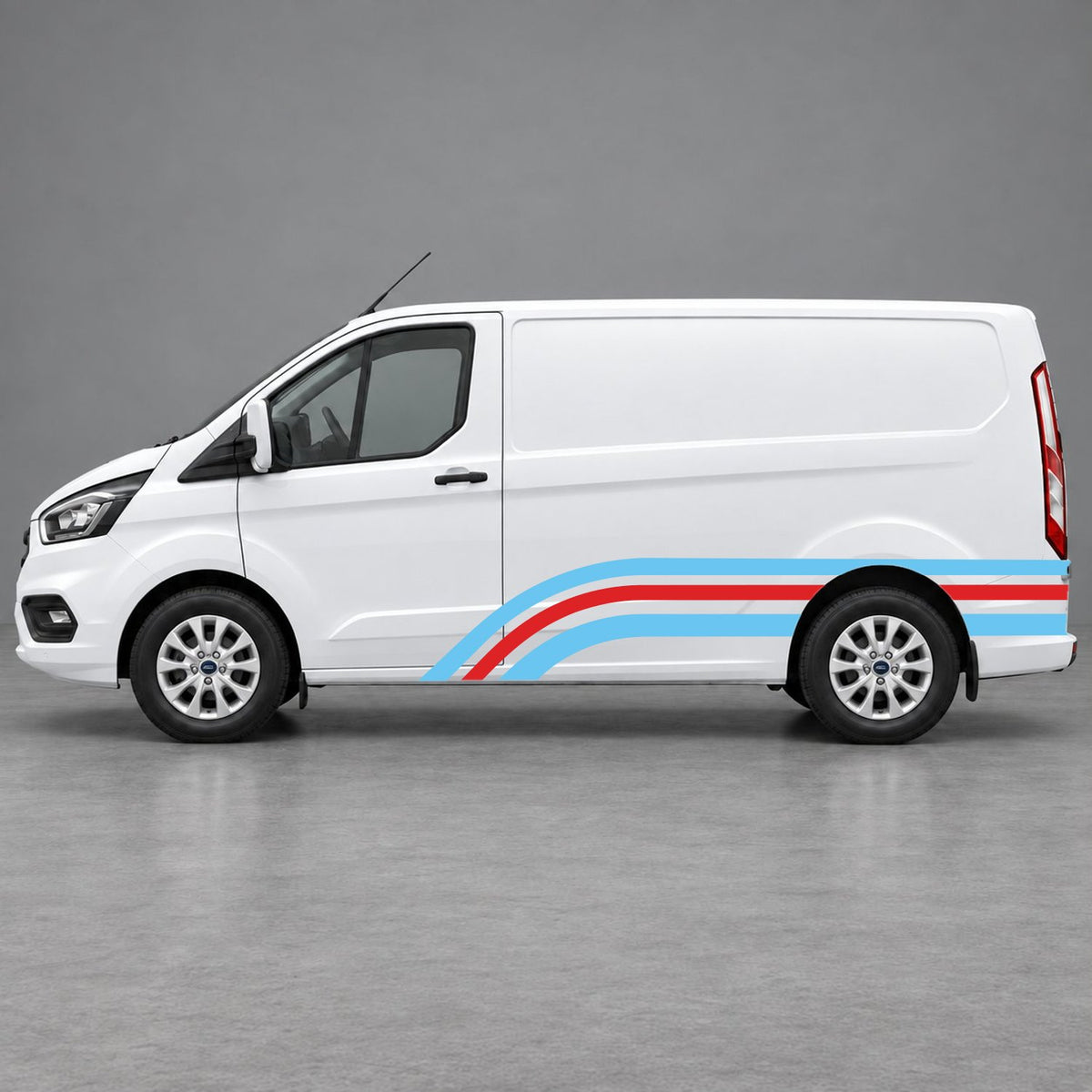 Ford Transit Custom Retro Triple-Arch Side Stripes in Light Blue & Red
