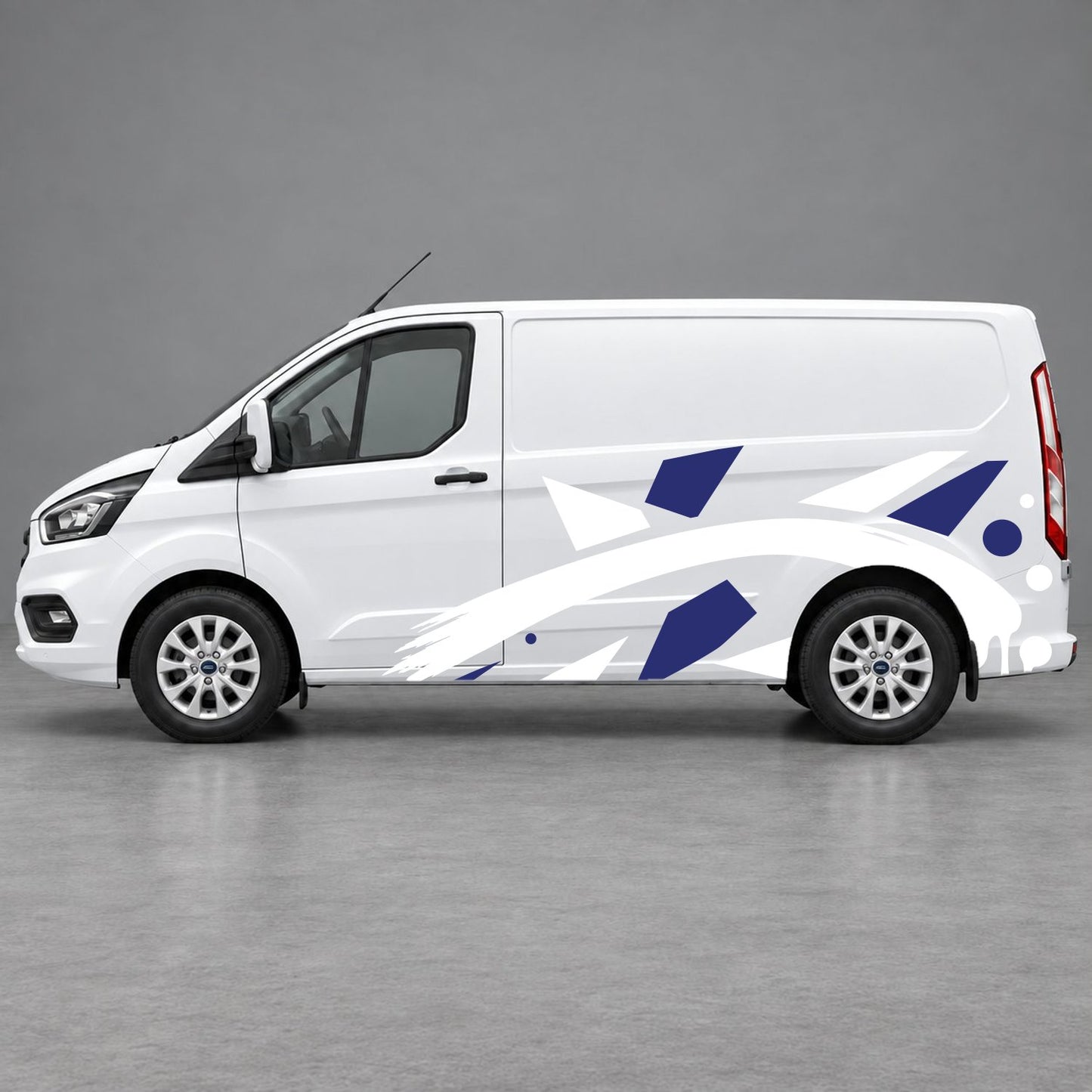Ford Transit Custom Abstract Geometric Splash Side Graphics in Navy Blue & White