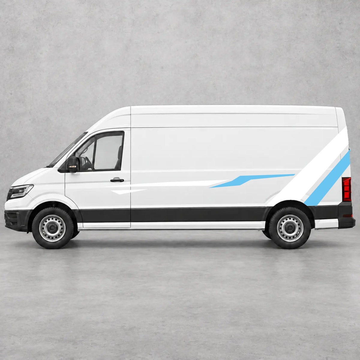 VW Crafter Bold Rear Diagonal Side Stripes in White & Light Blue