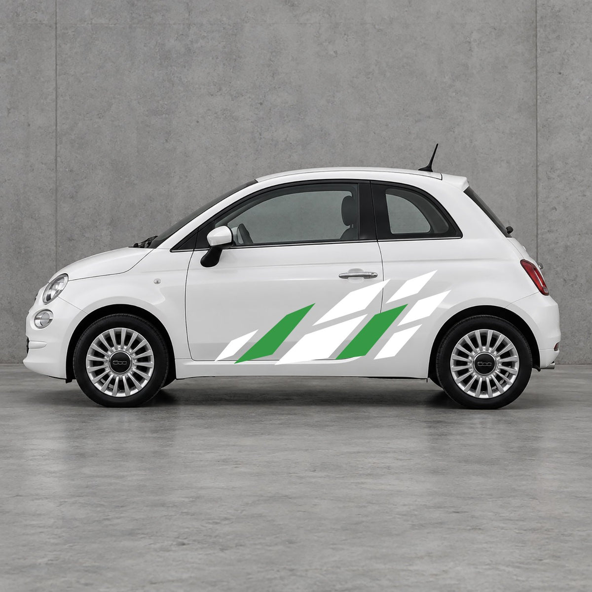 Fiat 500 Racing Flag Side Graphics Kit - Pair Supplied in White & Green