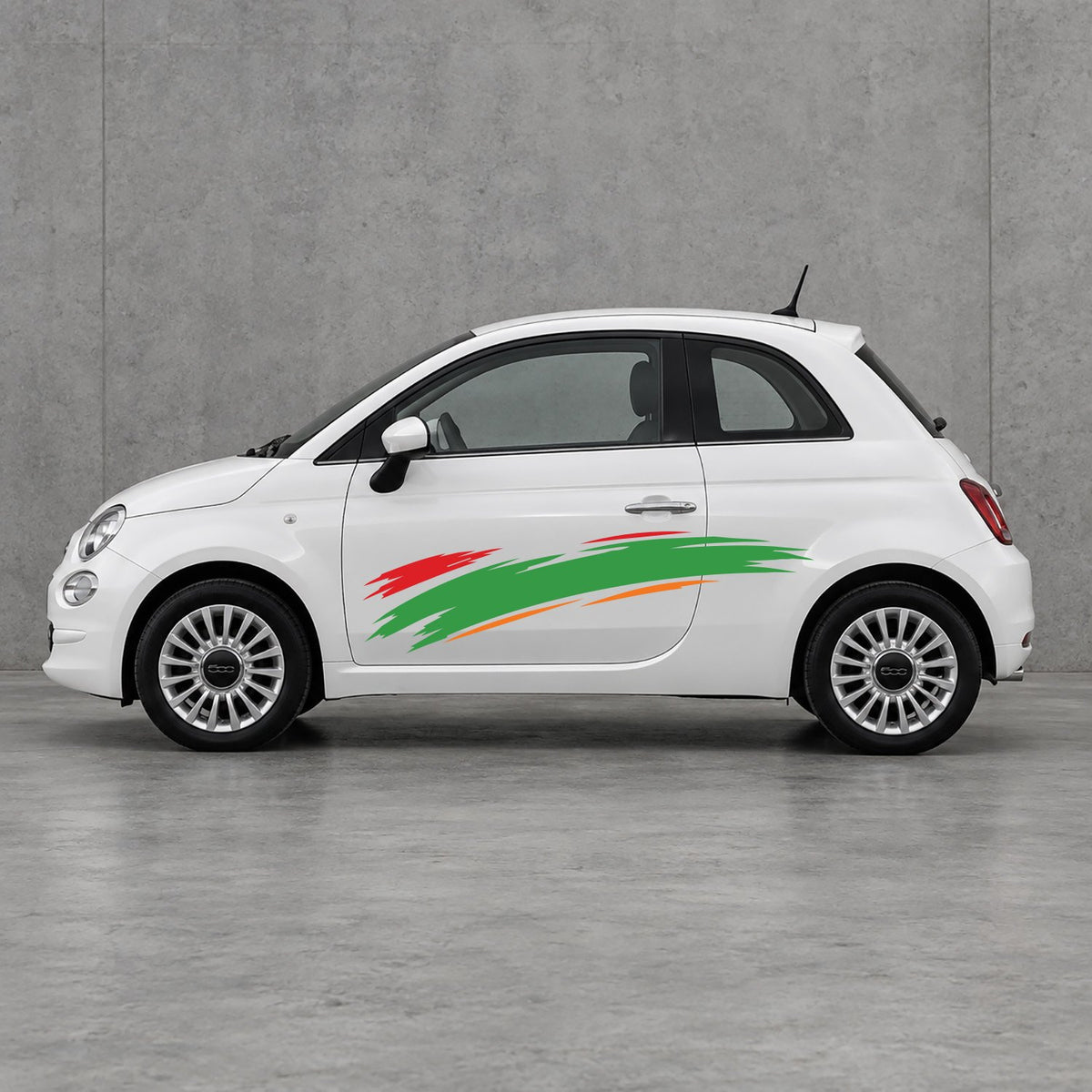 Fiat 500 Italian Red Brush Side Graphics Kit - Pair Supplied in Orange & Green