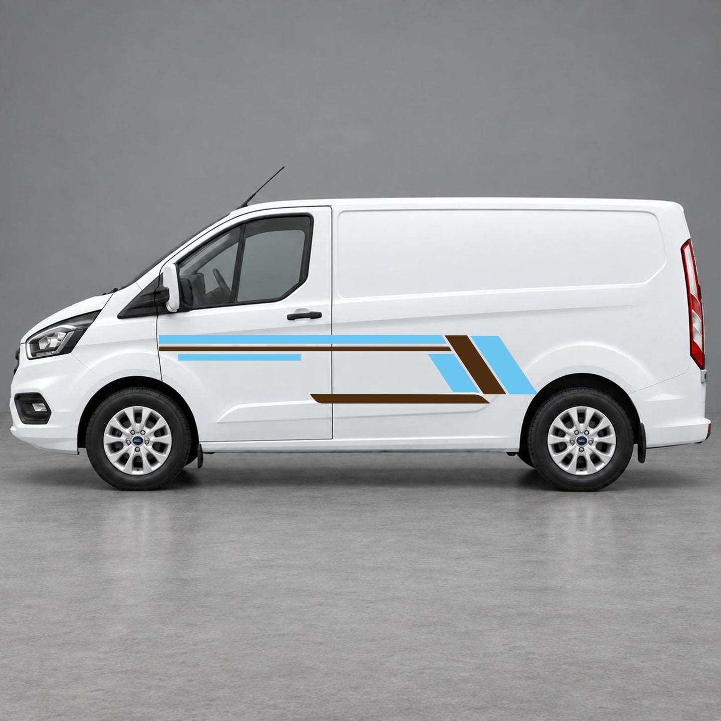 Ford Transit Custom Geometric Outline Side Stripes in Light Blue & Brown