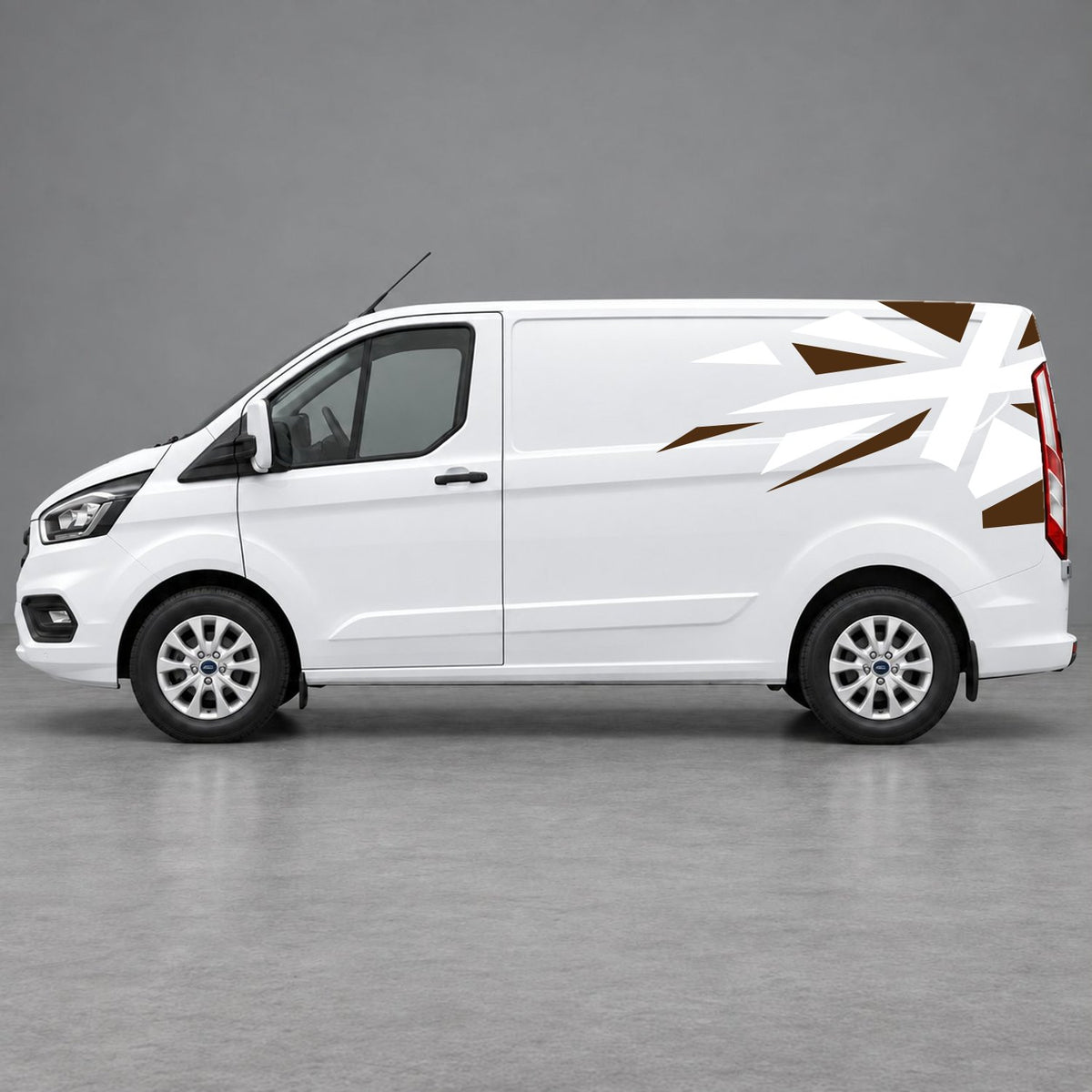 Ford Transit Custom Shattered Union Jack Side Graphics in Brown & White