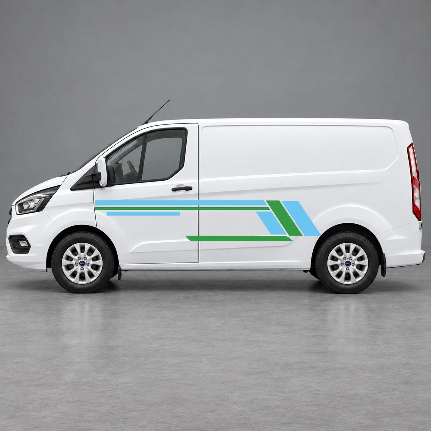 Ford Transit Custom Geometric Outline Side Stripes in Light Blue & Green