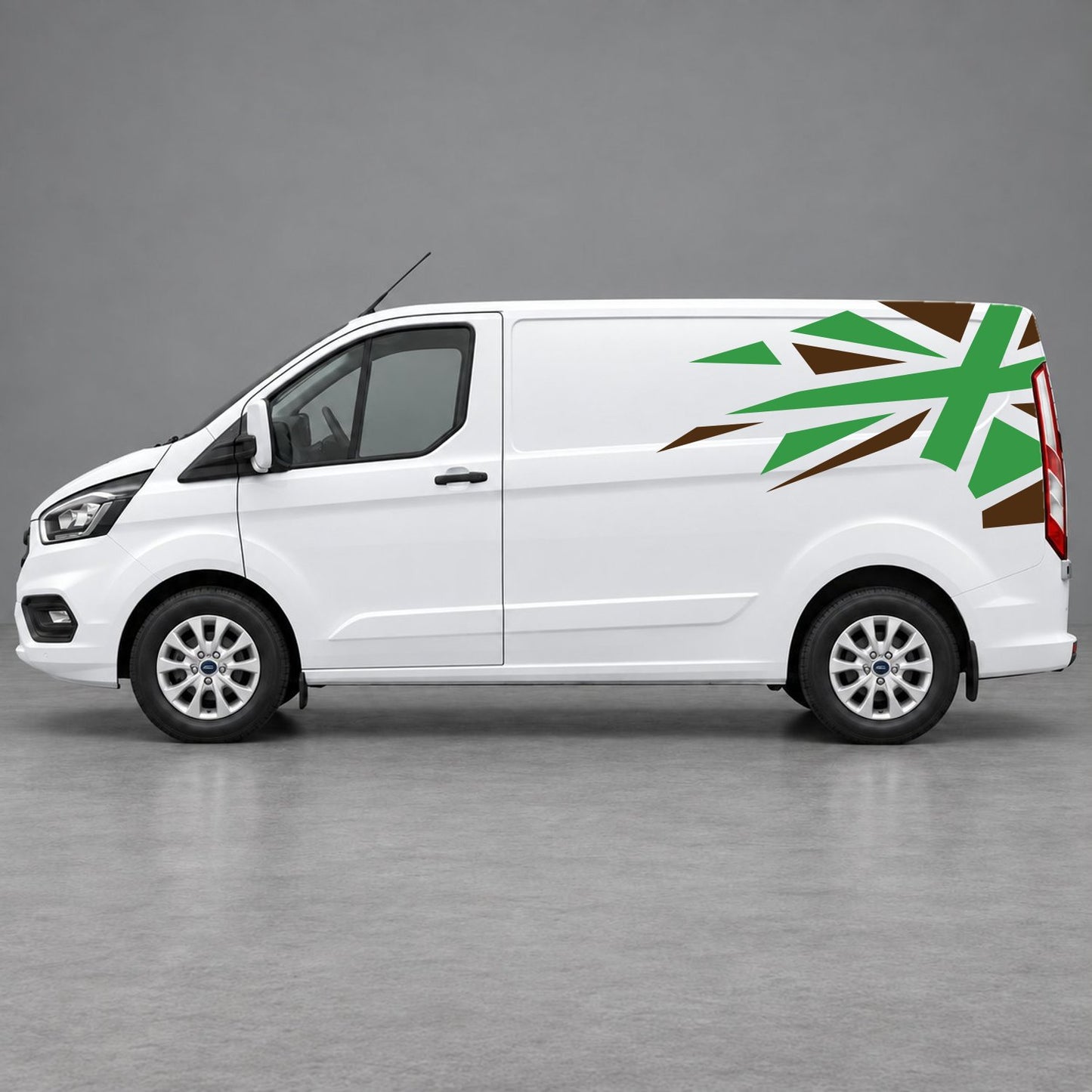 Ford Transit Custom Shattered Union Jack Side Graphics in Brown & Green