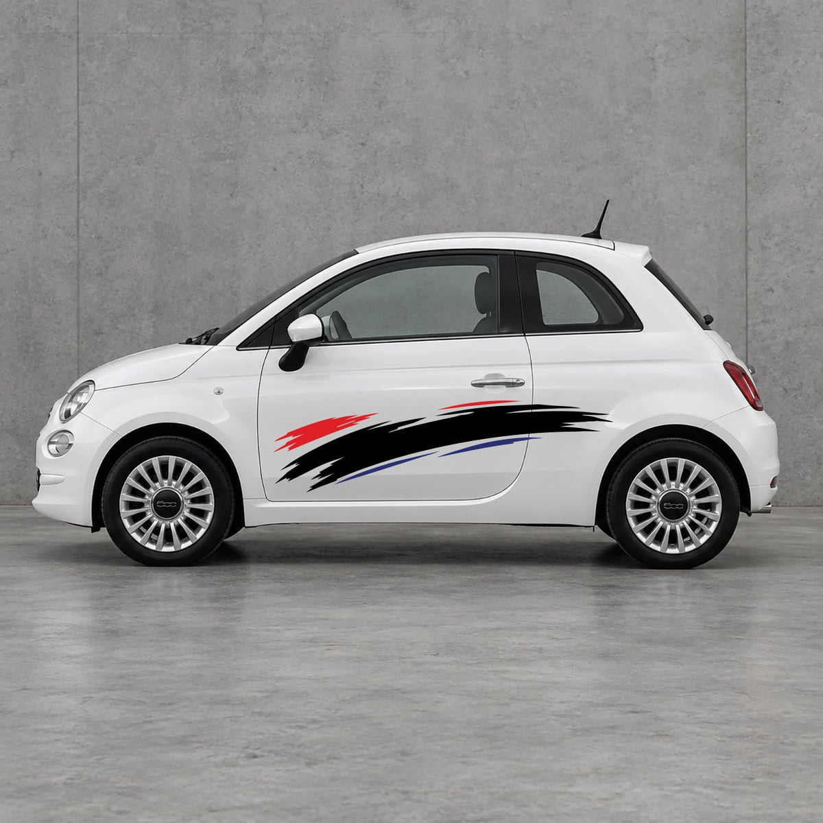 Fiat 500 Italian Red Brush Side Graphics Kit - Pair Supplied in Navy Blue & Black